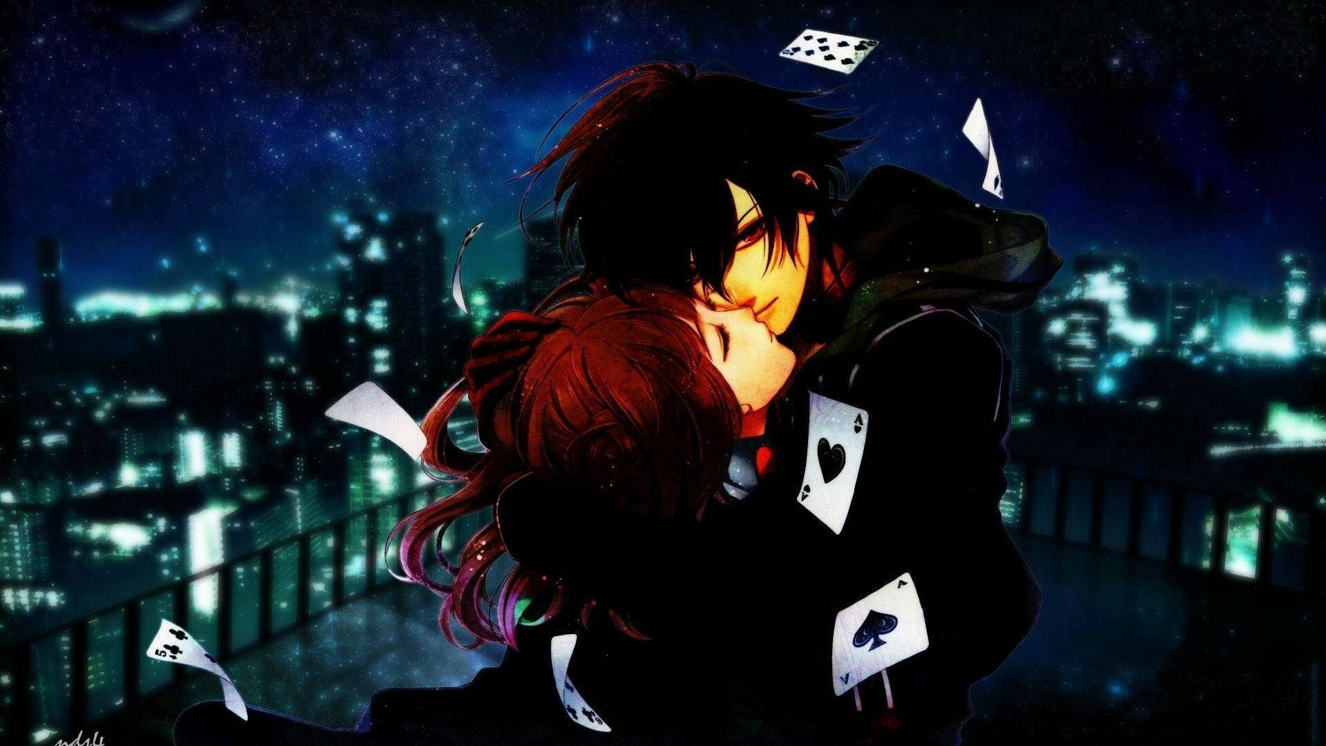 Anime Hug, rooftop, starry night cityscape, Full HD Desktop Wallpaper