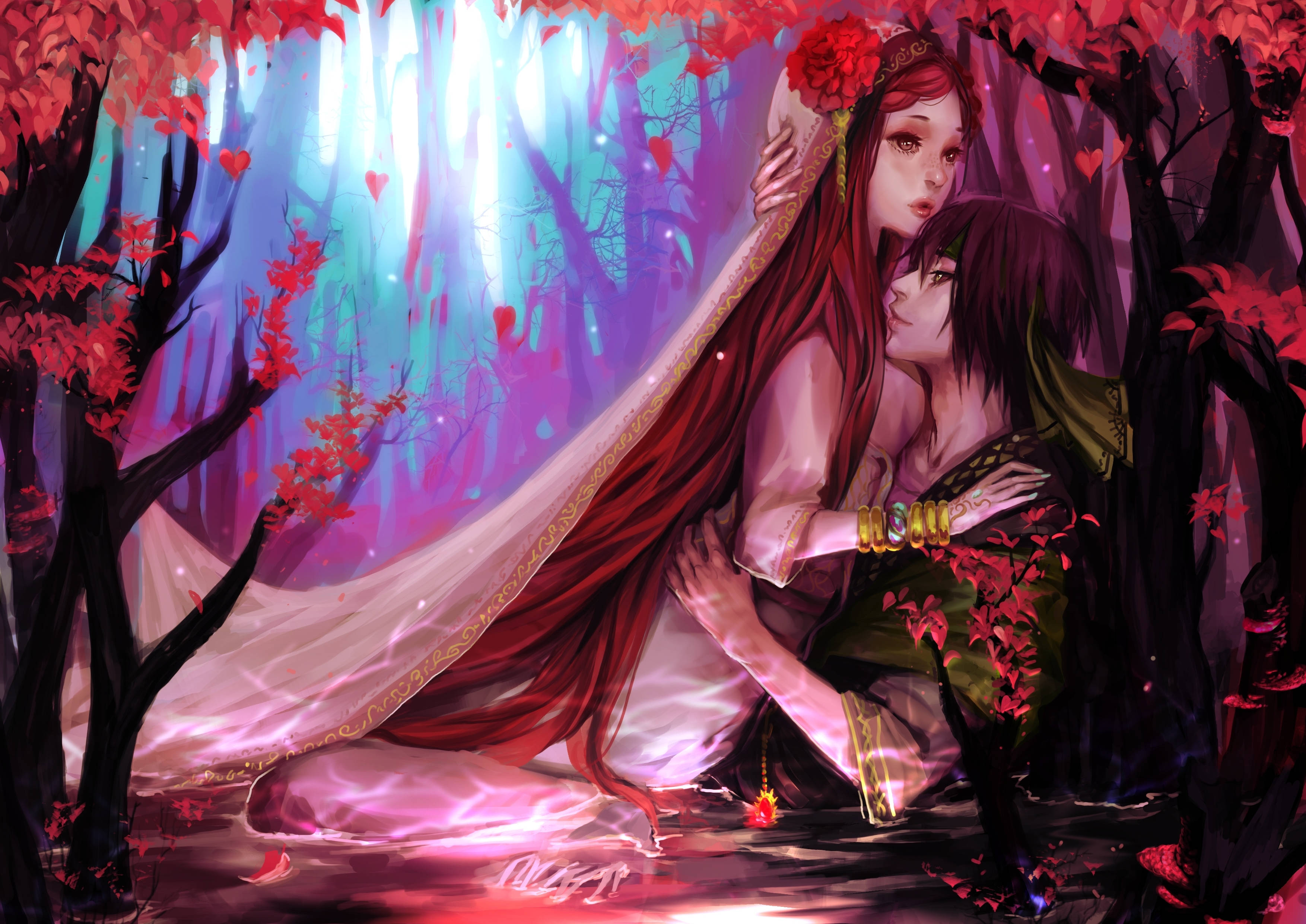 Anime Hug, wedding dress, mystical forest, 2K Desktop Wallpaper