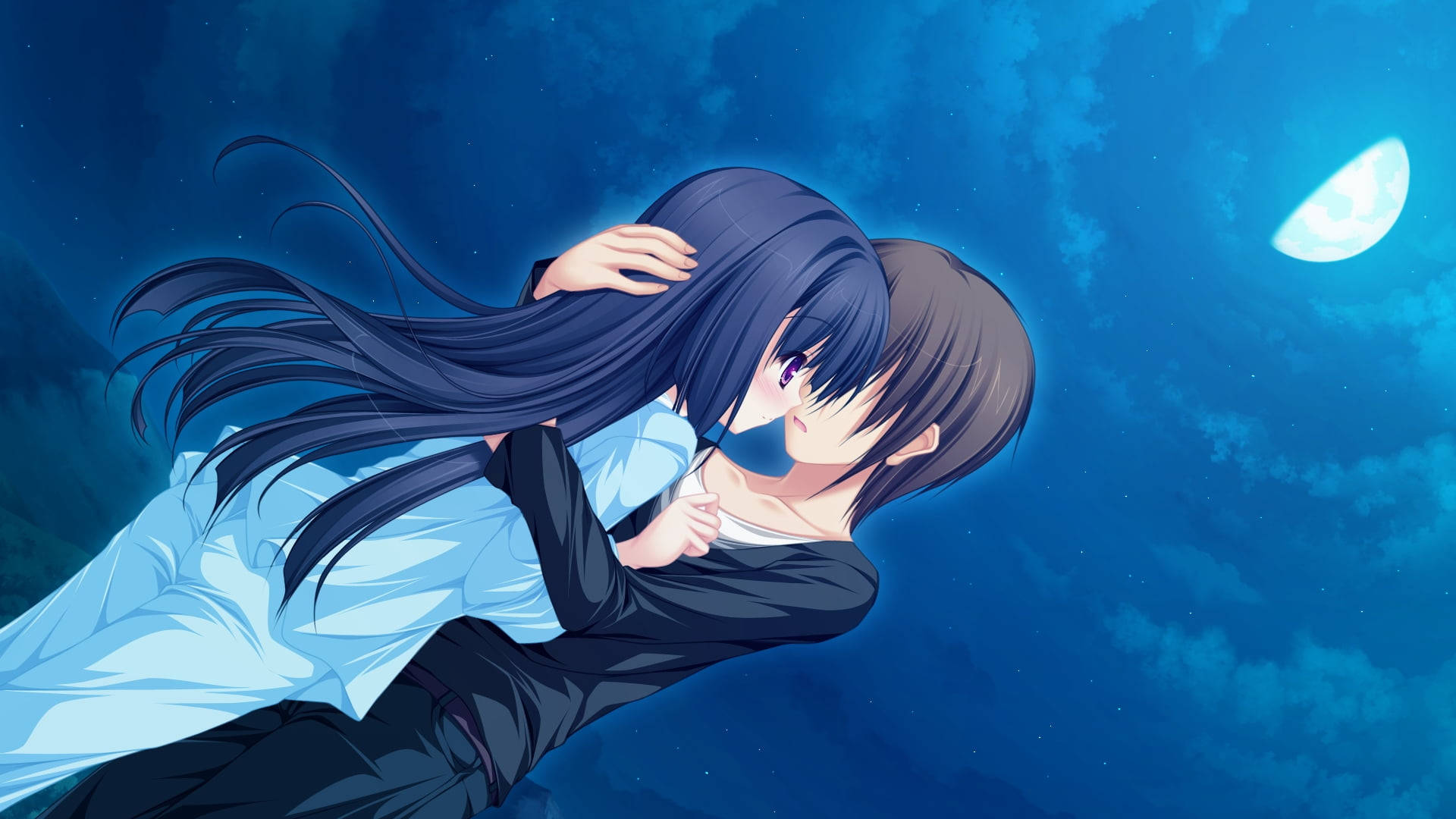 Anime Hug, crescent moon, starry night sky, Full HD Desktop Wallpaper
