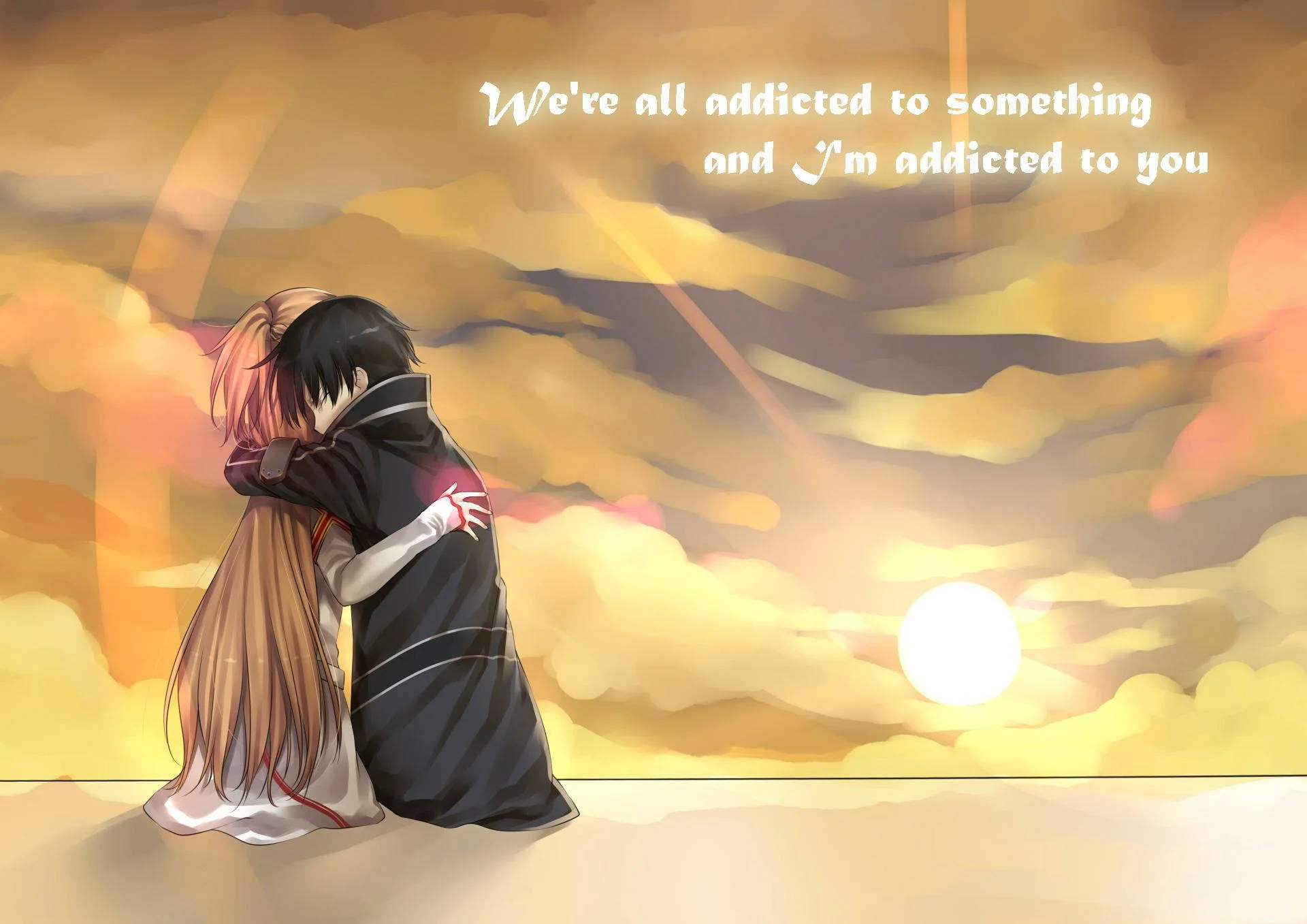 Anime Hug, golden sunset sky, soft clouds, Full HD Desktop Wallpaper