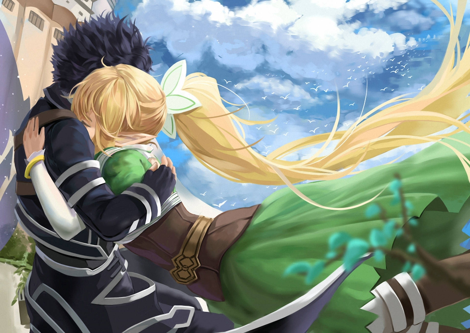 Anime Hug, cloudy sky, bright blue sky, Full HD Desktop Wallpaper