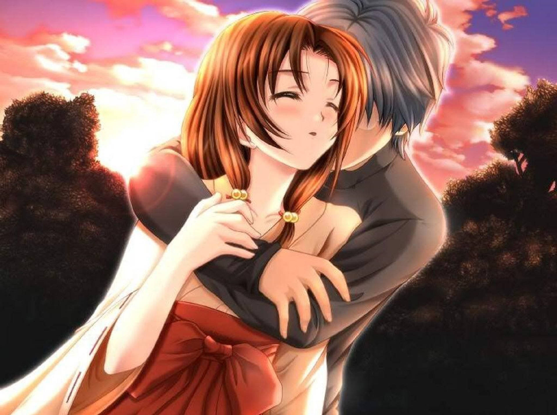 Close Eyes Anime Hug, pink and orange sunset sky, dark silhouetted trees, Full HD Desktop Wallpaper