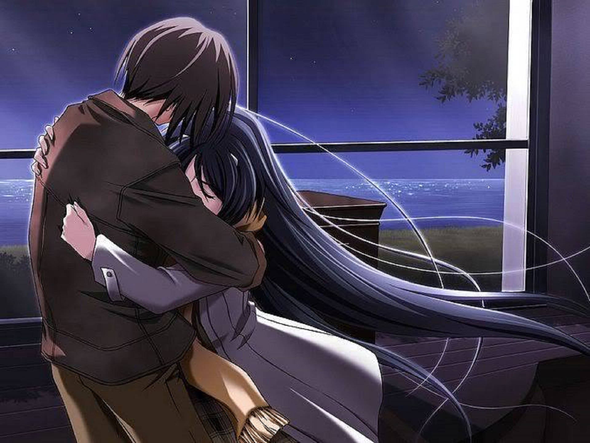 Anime Hug, window, starry night, Full HD Desktop Wallpaper