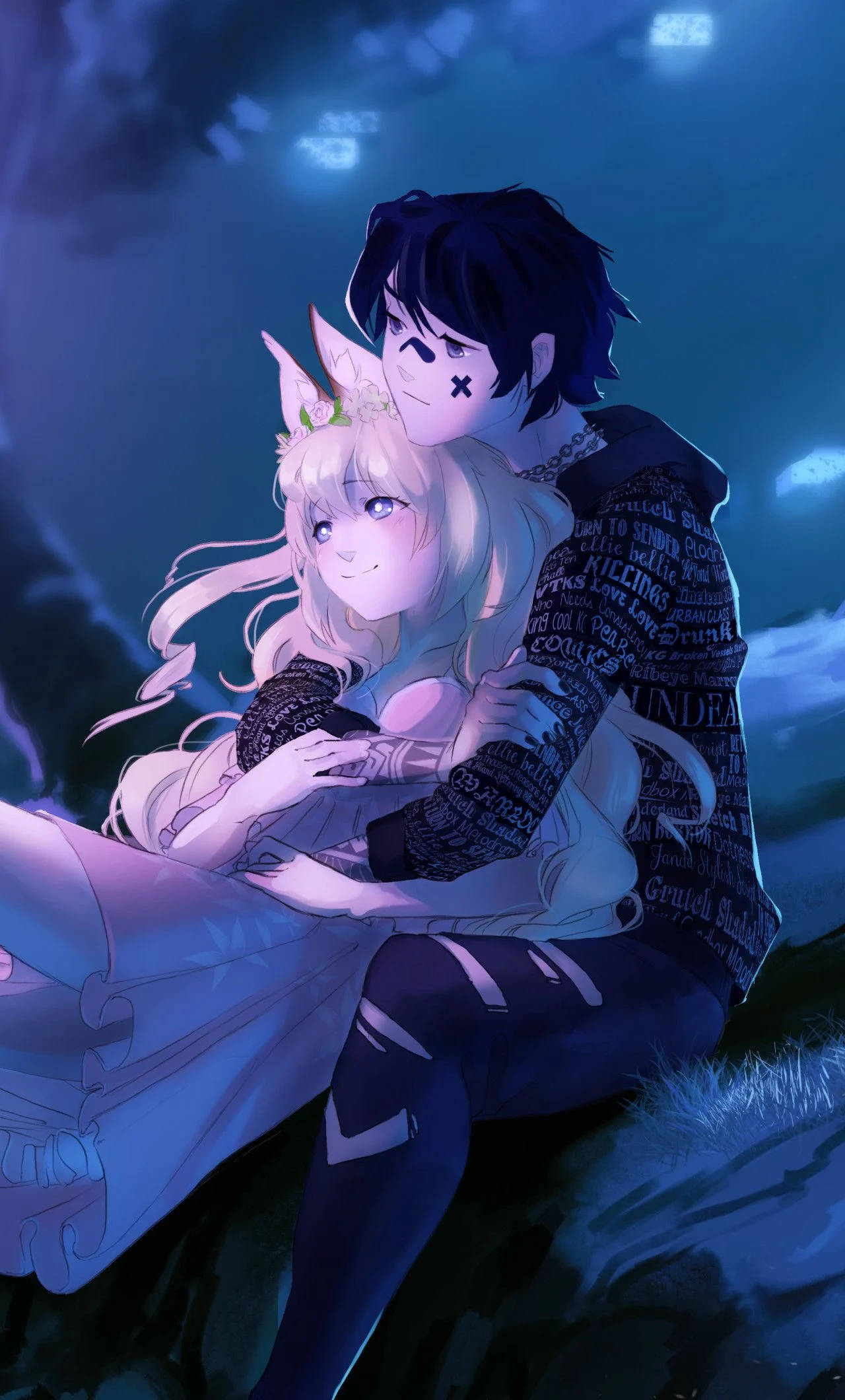 Anime Hug, night sky, moody blue night sky, Full HD Phone Wallpaper