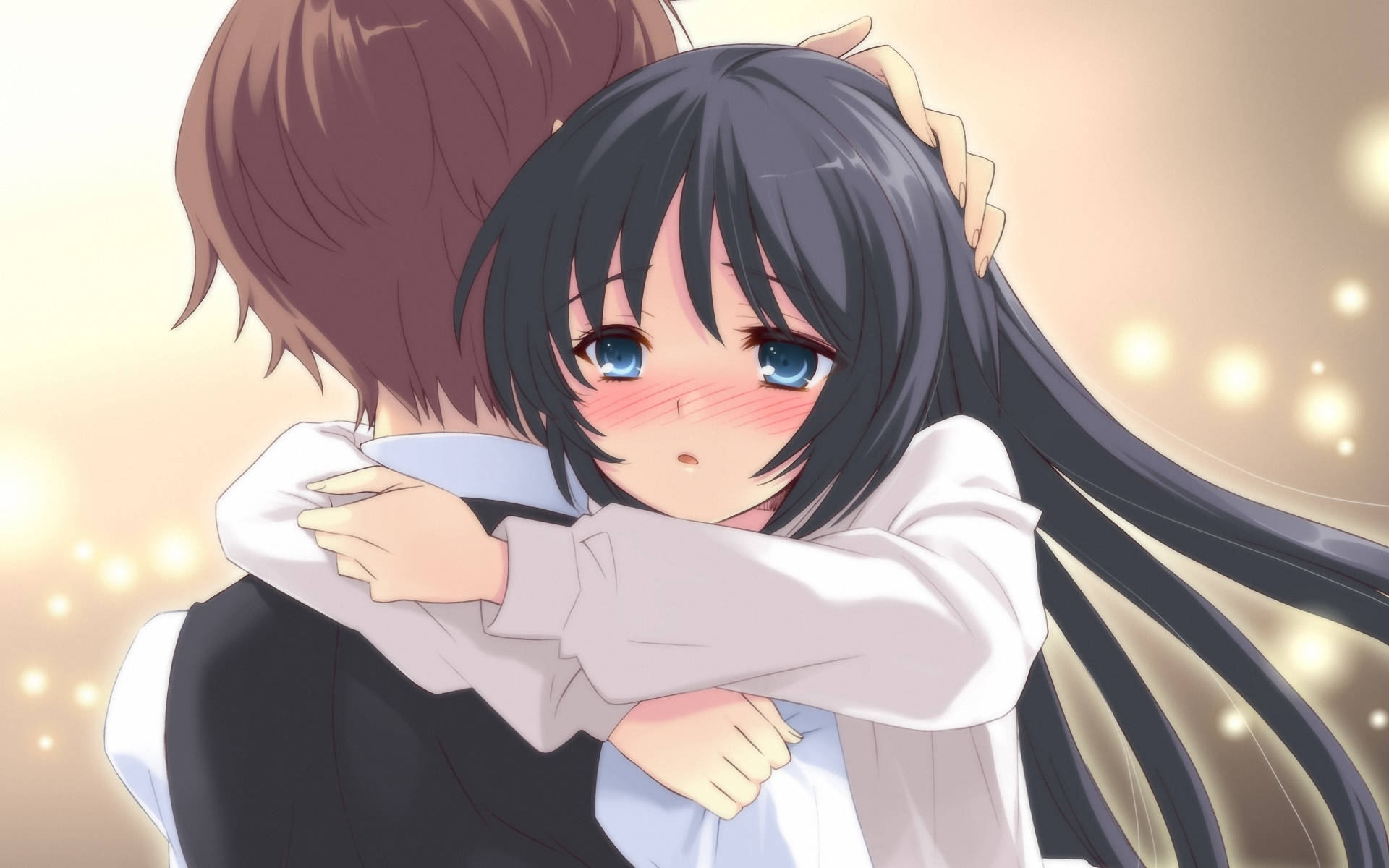 Anime Hug, blushing anime girl, long black hair, Full HD Desktop Wallpaper