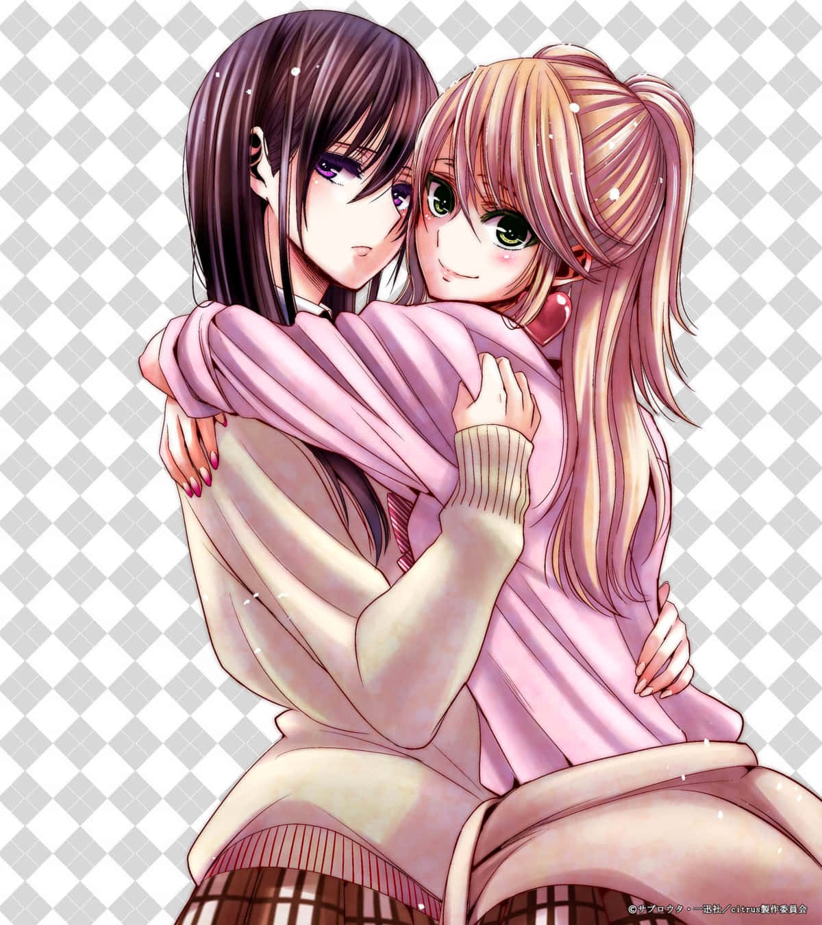 hugging girls, citrus anime, soft pink tones, HD Phone Wallpaper
