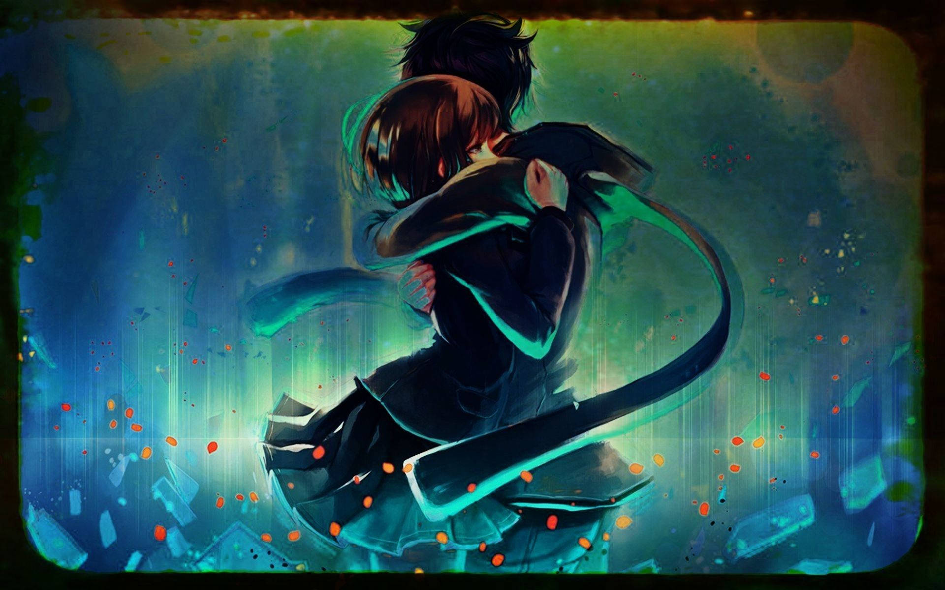anime couple, glowing blue, glowing green, Full HD Desktop Wallpaper