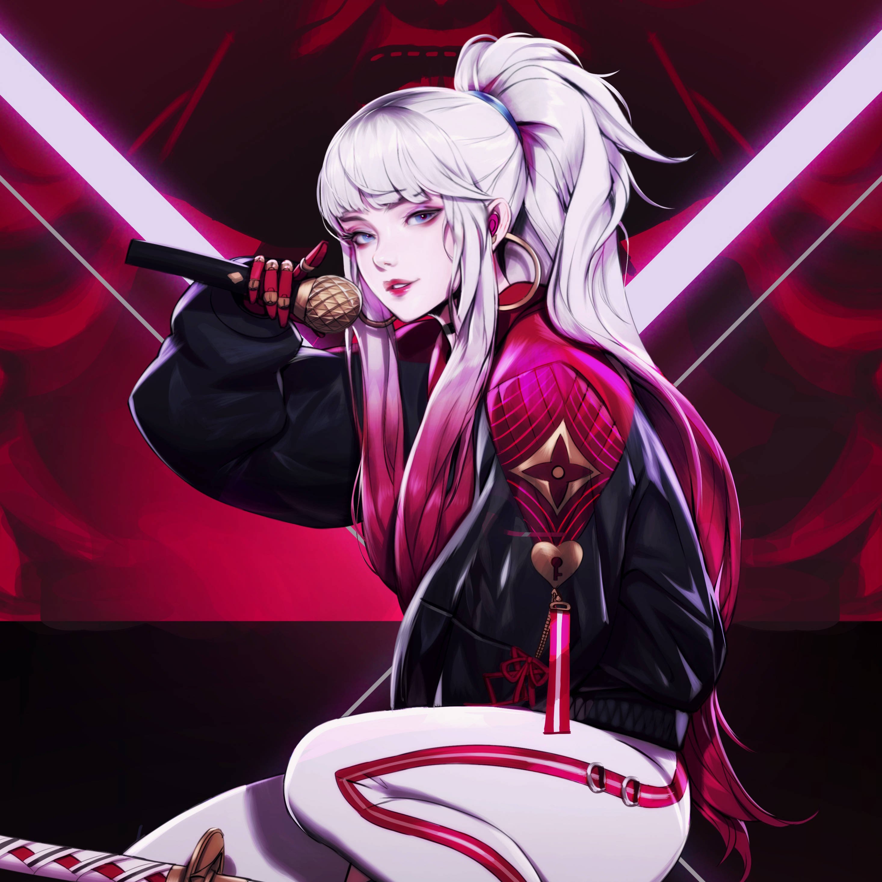 Anime iPad, female pink samurai, white hair, 2K Desktop Wallpaper