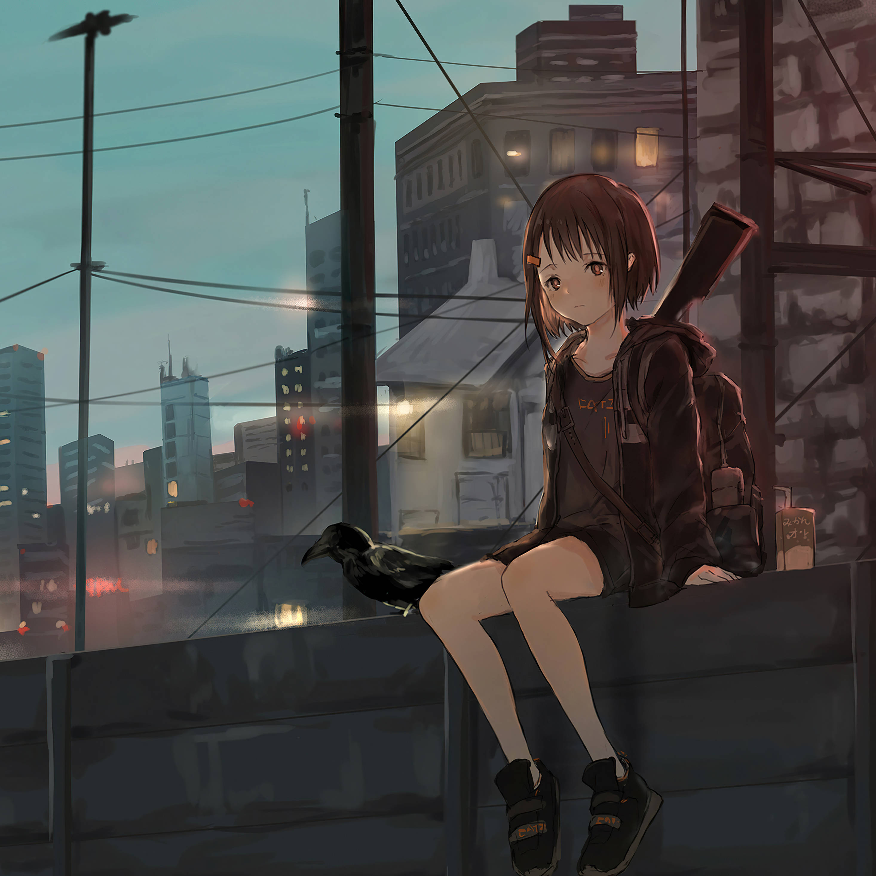 Anime iPad, young anime girl, crow, 2K Desktop Wallpaper
