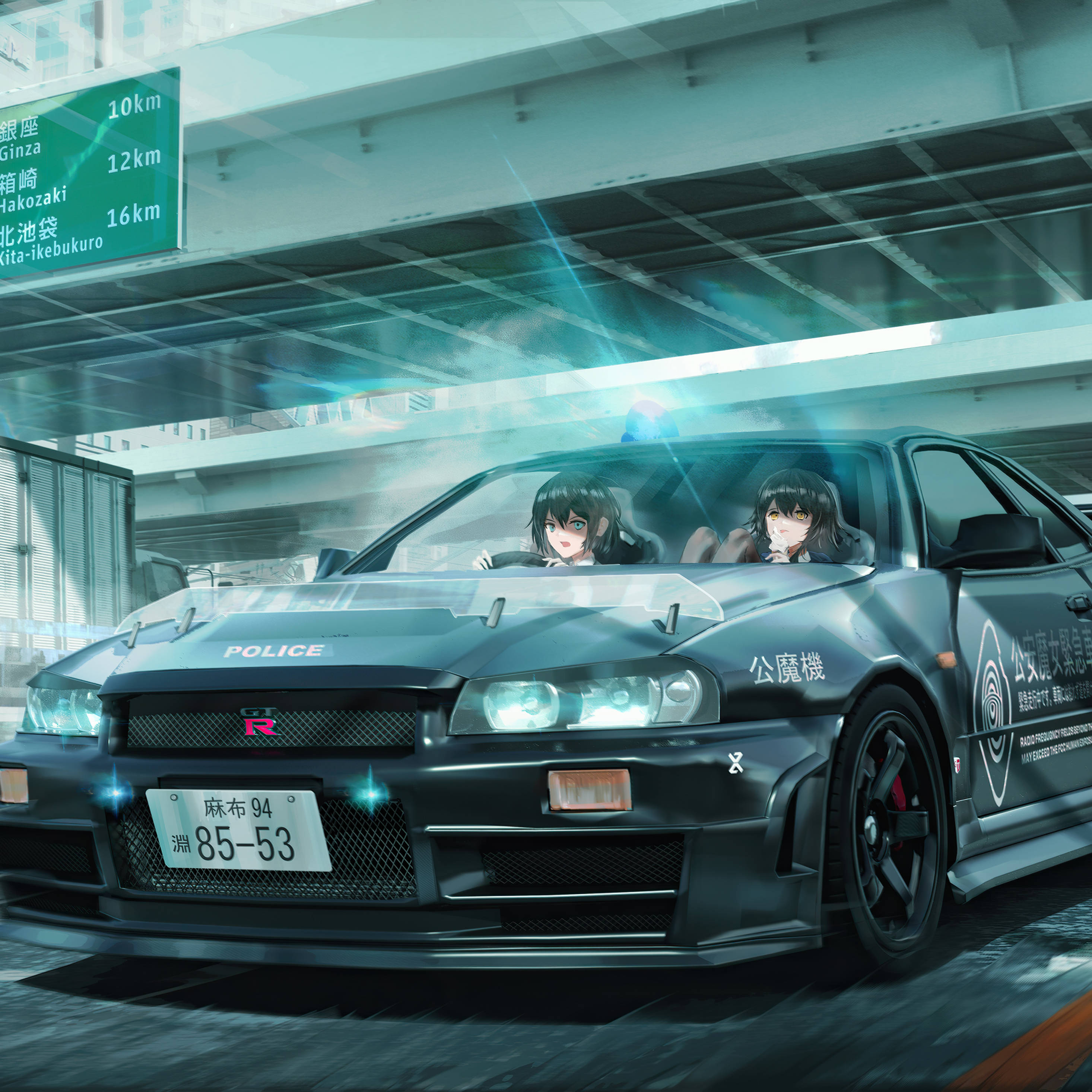 Anime iPad, flashy policewomen, black police Nissan GT-R, 2K Desktop Wallpaper