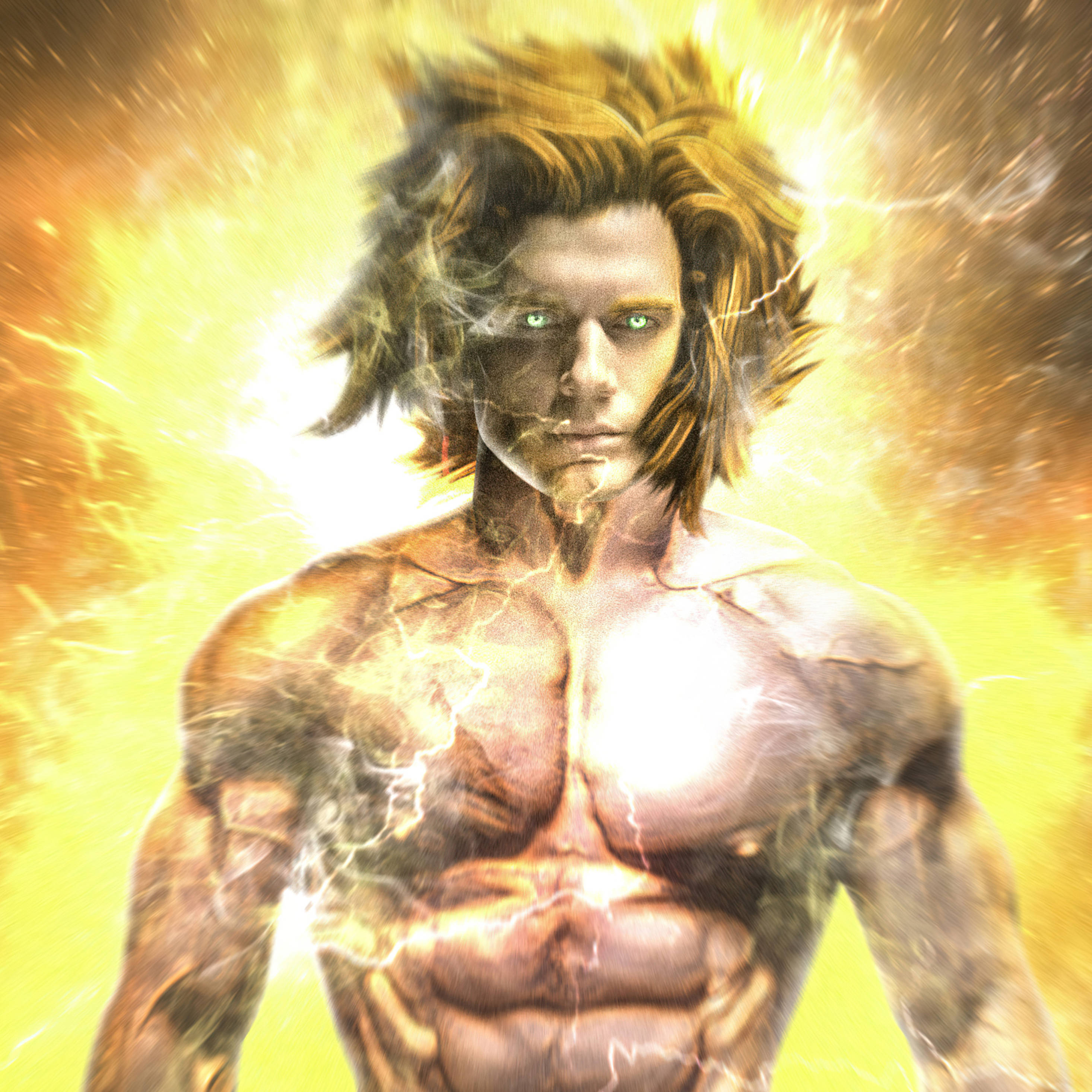 iPad, muscular man, wild hair, 2K Desktop Wallpaper