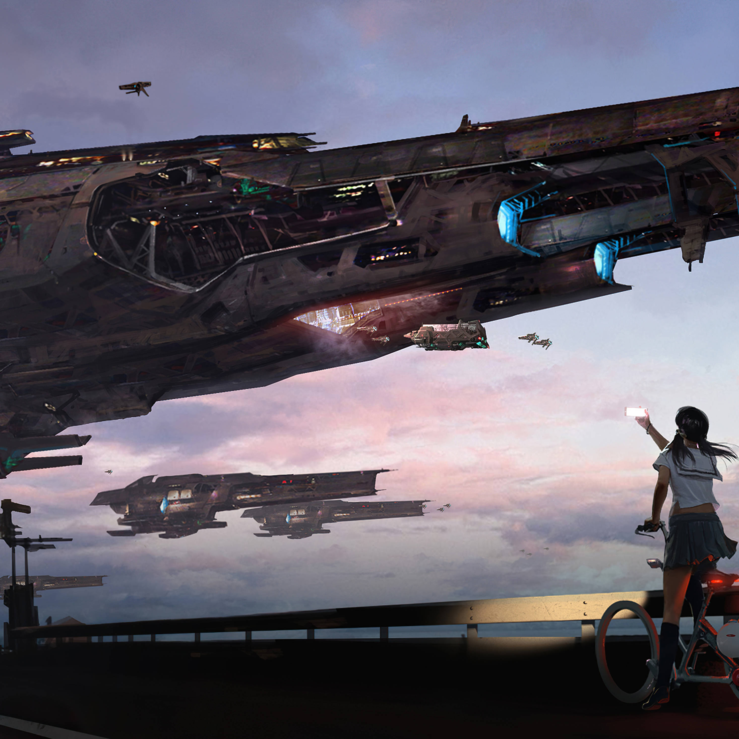 Anime iPad, girl on a bike, massive futuristic spaceship, 2K Desktop Wallpaper