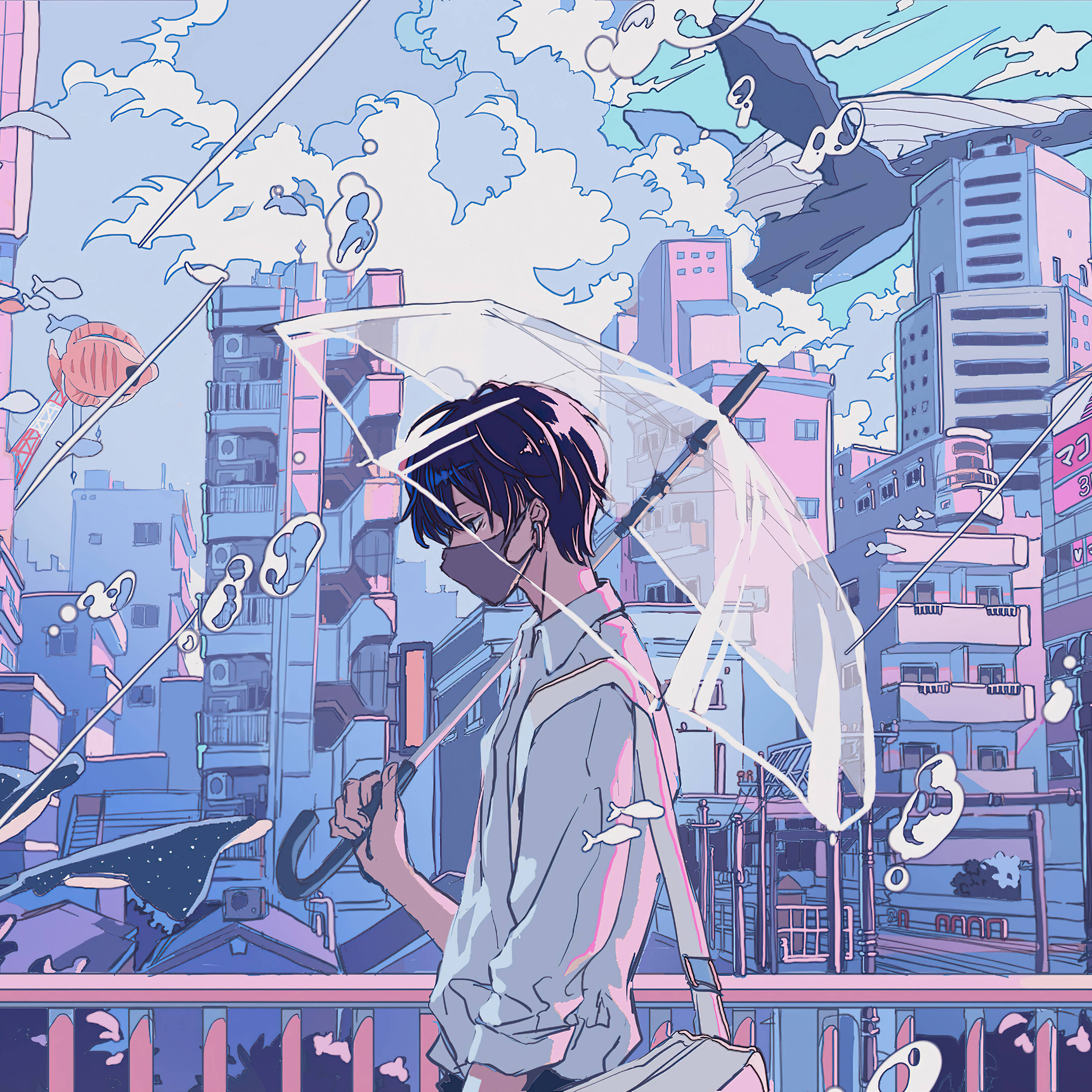 Anime iPad, masked anime youth, clear umbrella, 2K Desktop Wallpaper