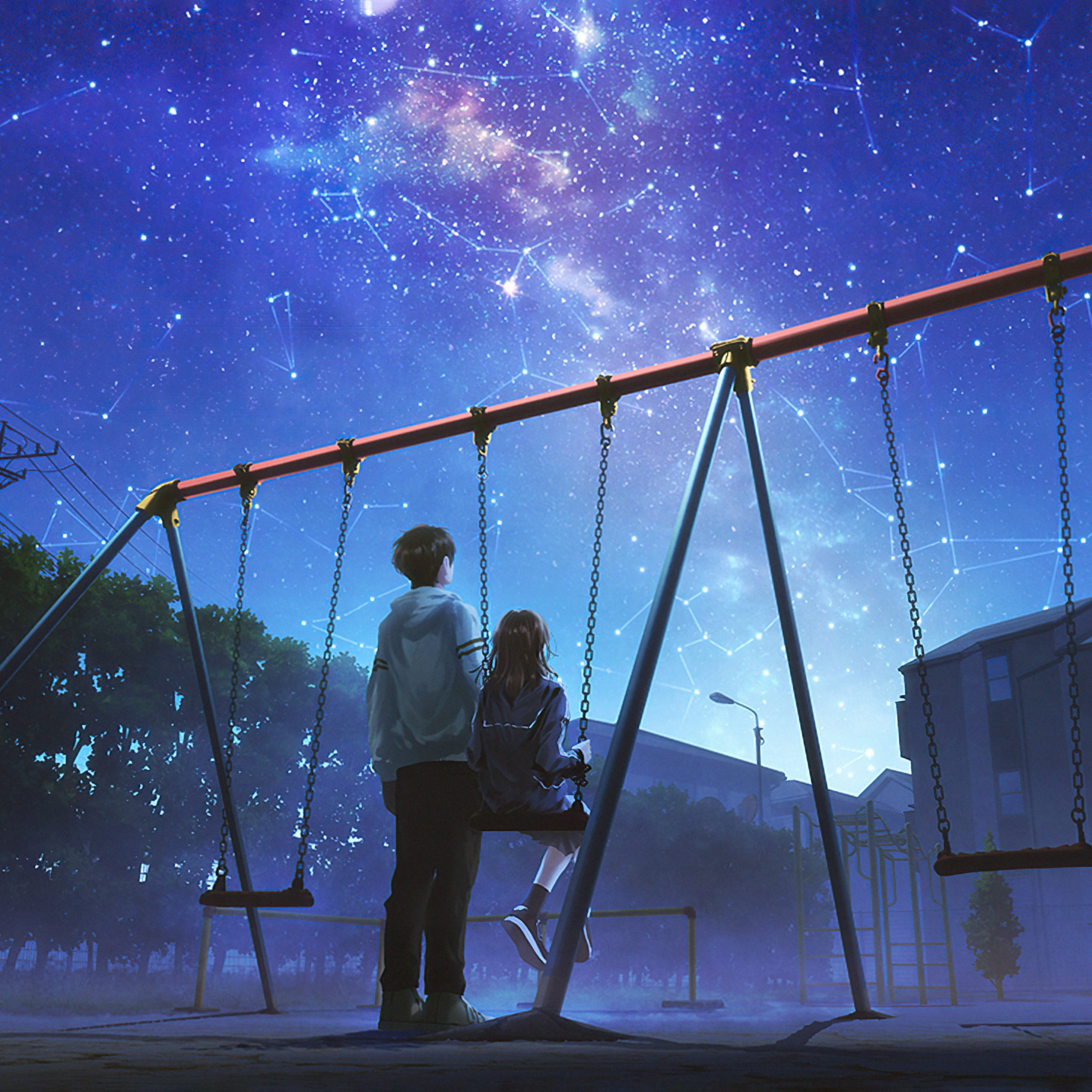 Anime iPad, starry night sky, glowing constellations, 2K Desktop Wallpaper