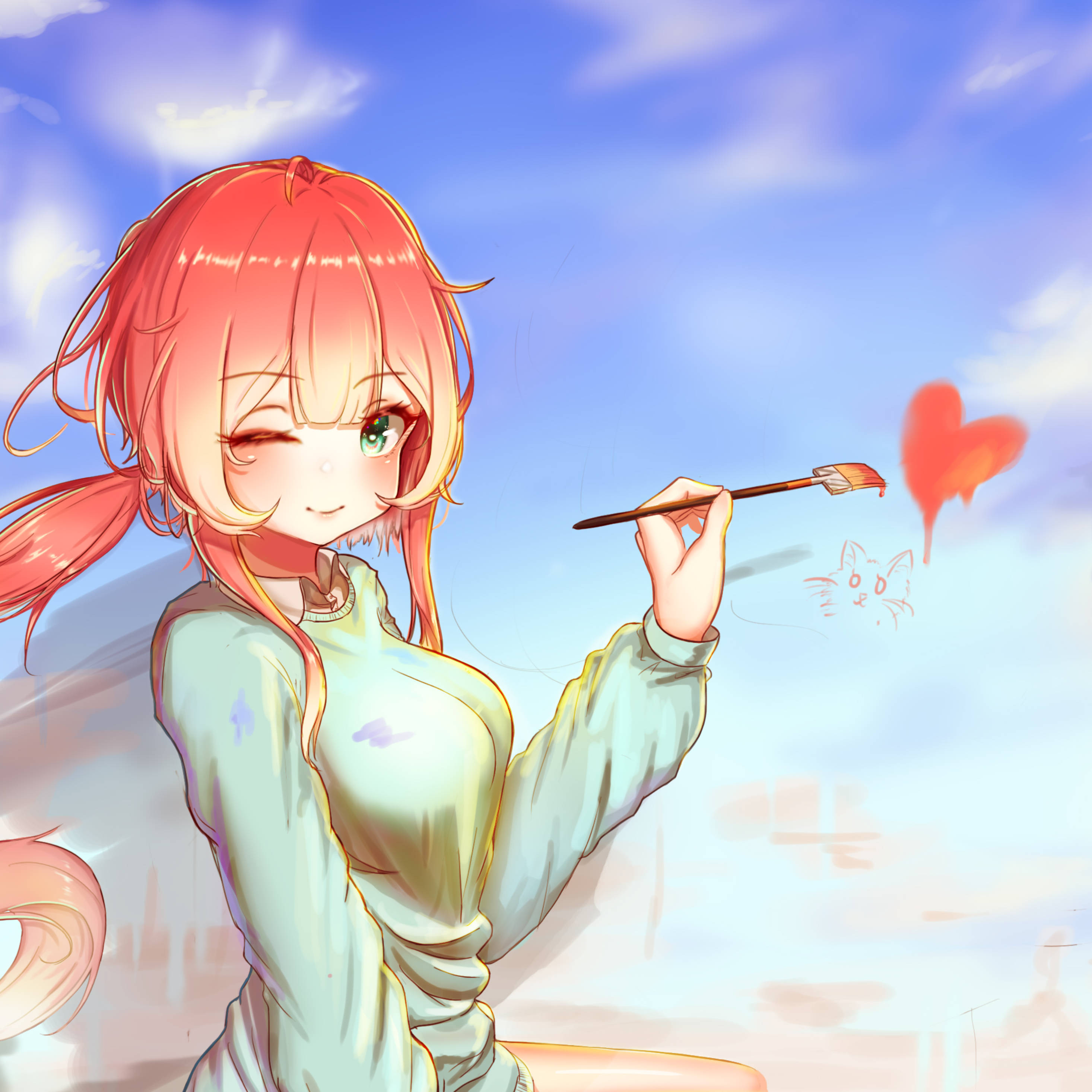 Anime iPad, pink hair, winks, 2K Desktop Wallpaper