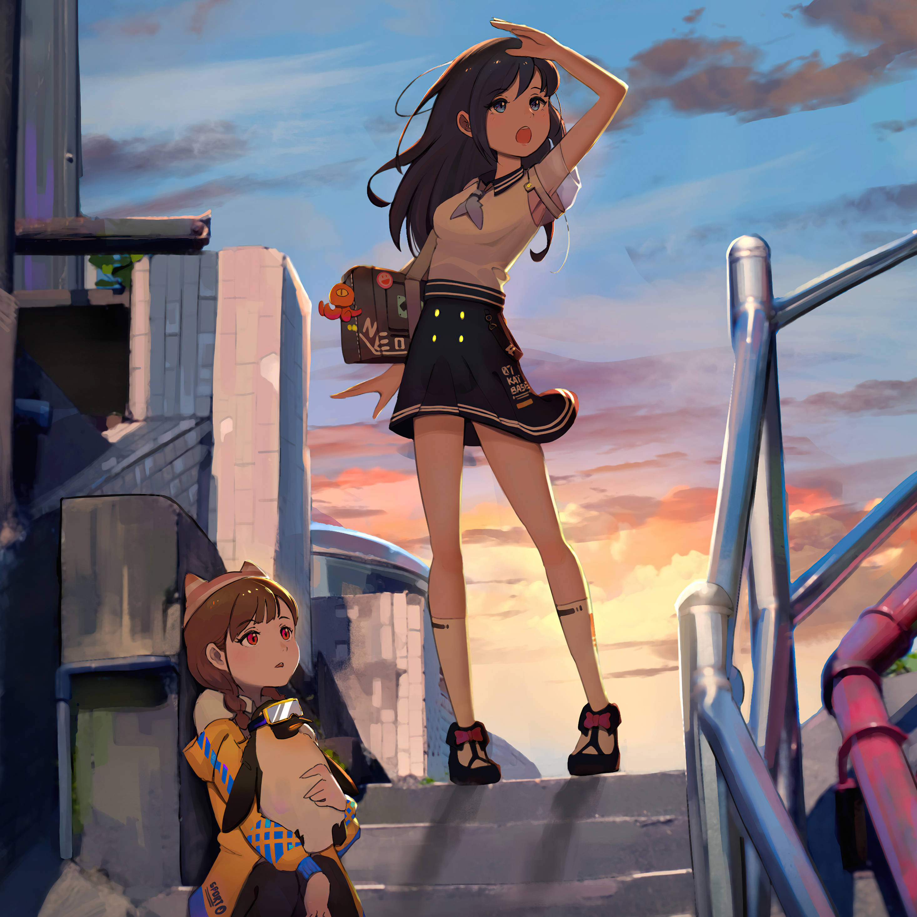 Anime iPad, two girls, penguin, 2K Desktop Wallpaper