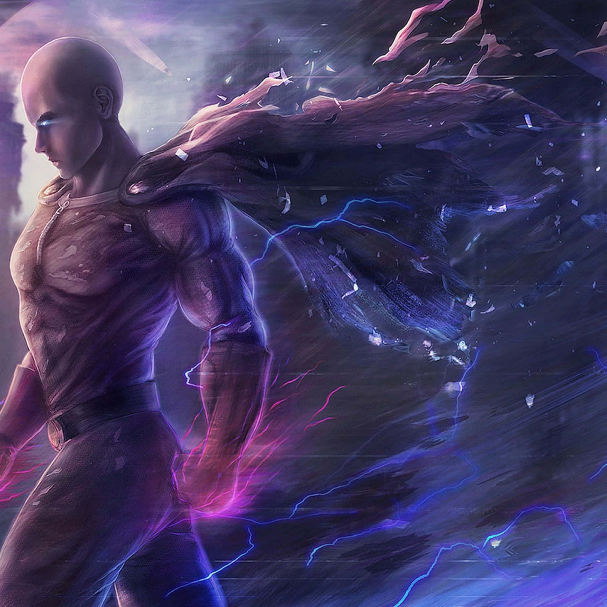 Anime 4K iPad, bald muscular anime hero, glowing eyes, Full HD Desktop Wallpaper