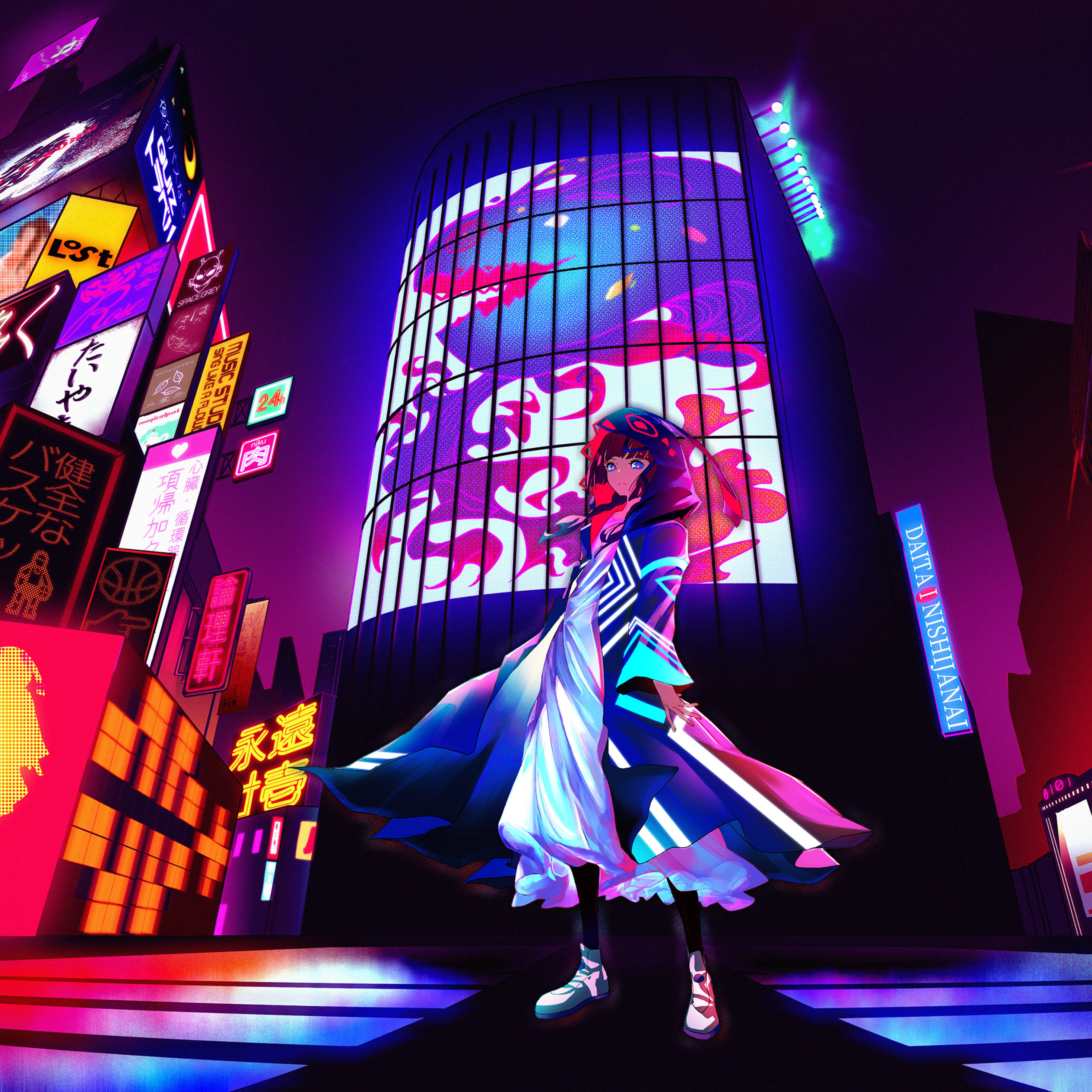 Anime iPad, fashionable girl, neon cityscape, 2K Desktop Wallpaper