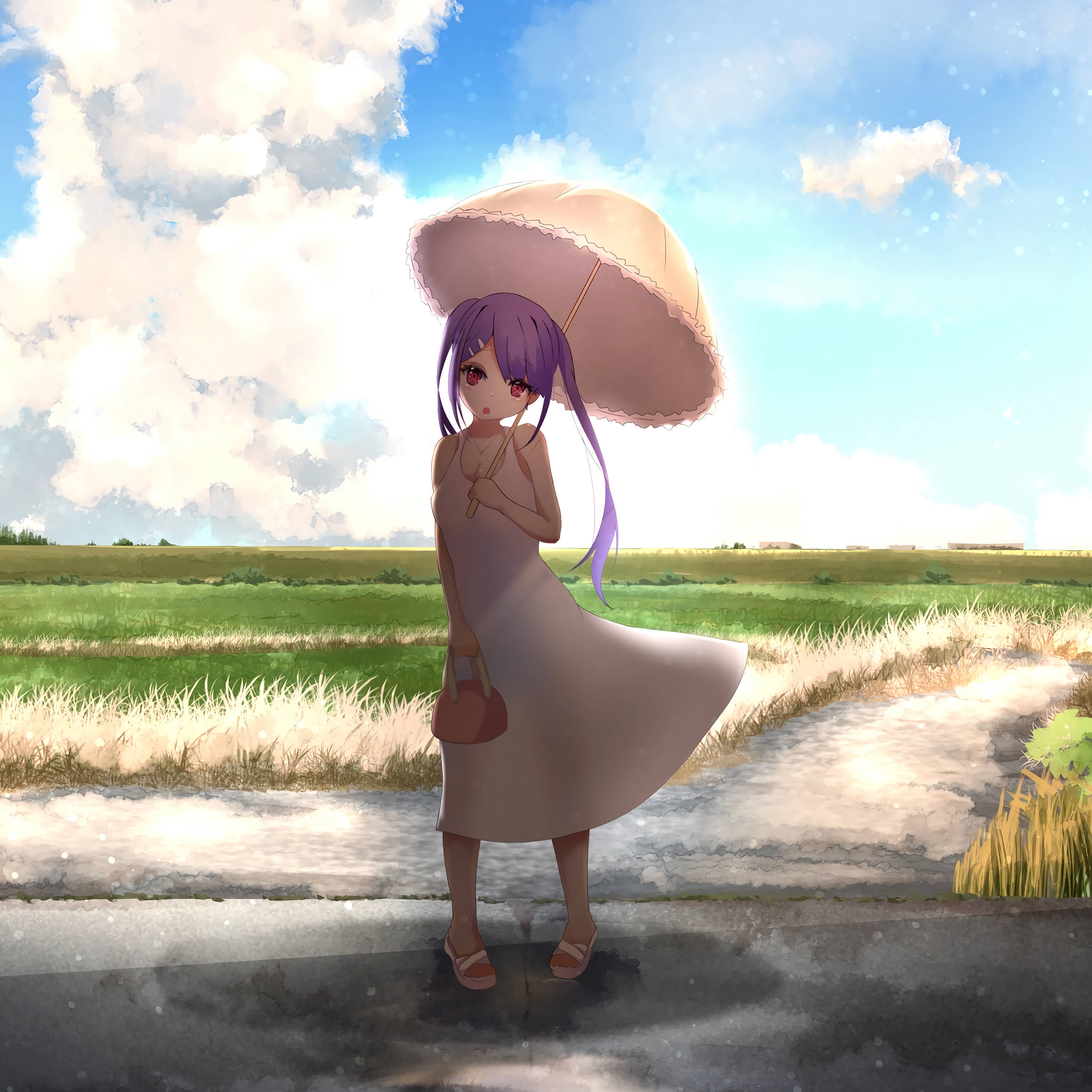anime girl, purple-haired, light dress, 2K Desktop Wallpaper