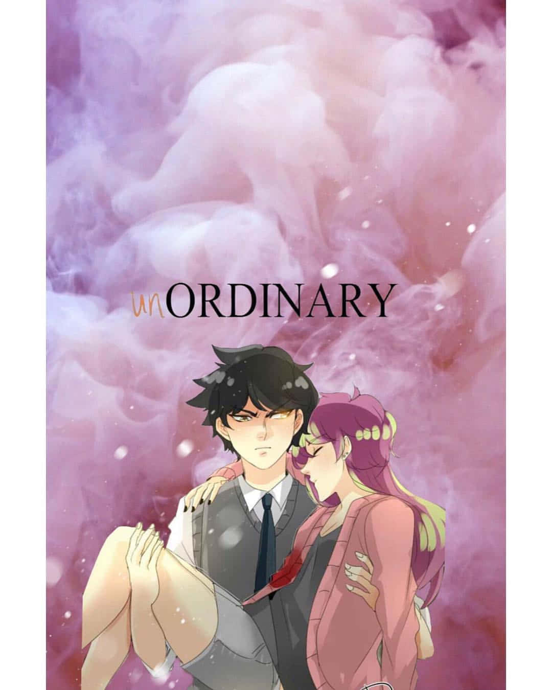 anime couple, pink and purple smoky background, floating particles, HD Phone Wallpaper
