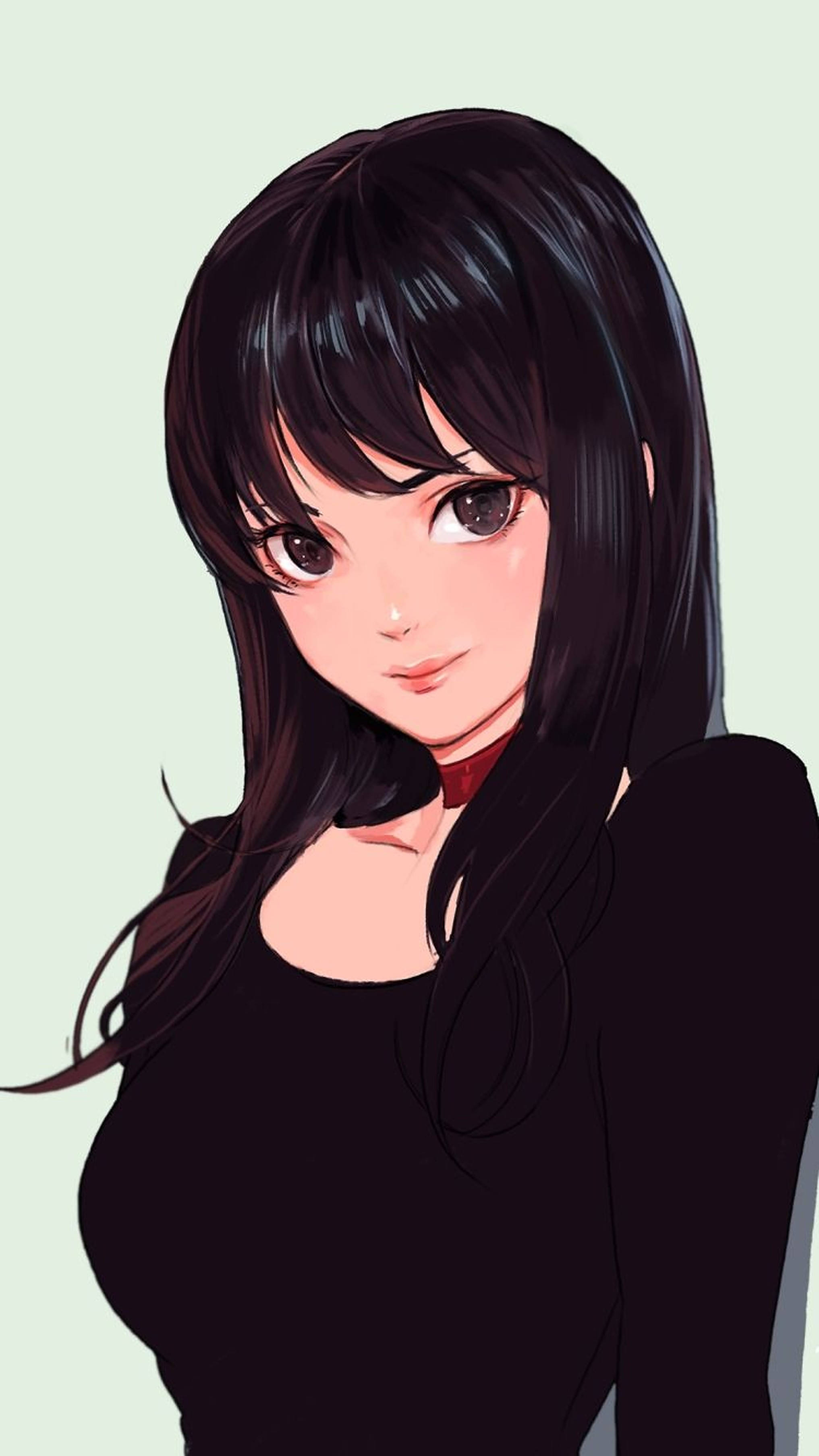 anime fan art, young anime girl, long dark hair, 2K Phone Wallpaper