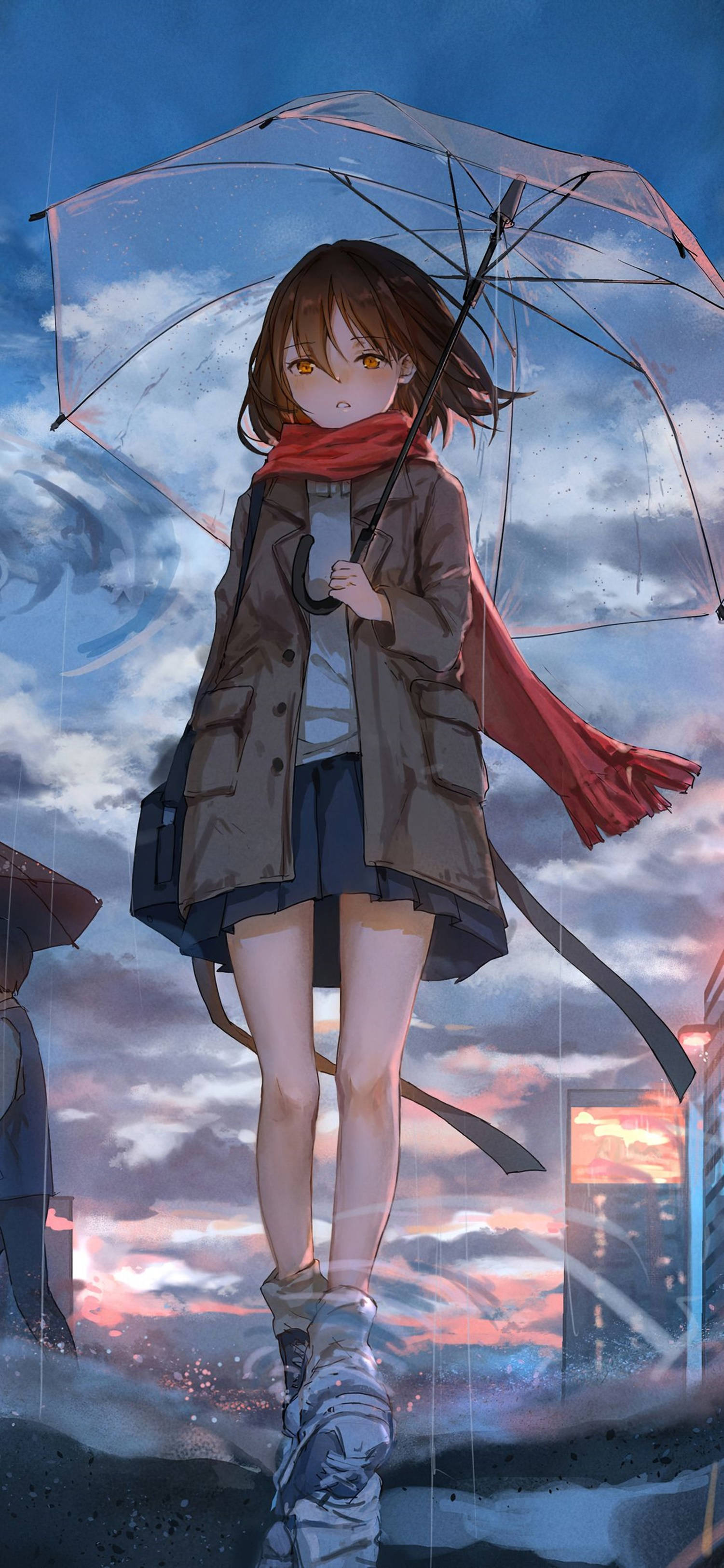 4K Anime iPhone, red scarf, brown hair, 2K Phone Wallpaper