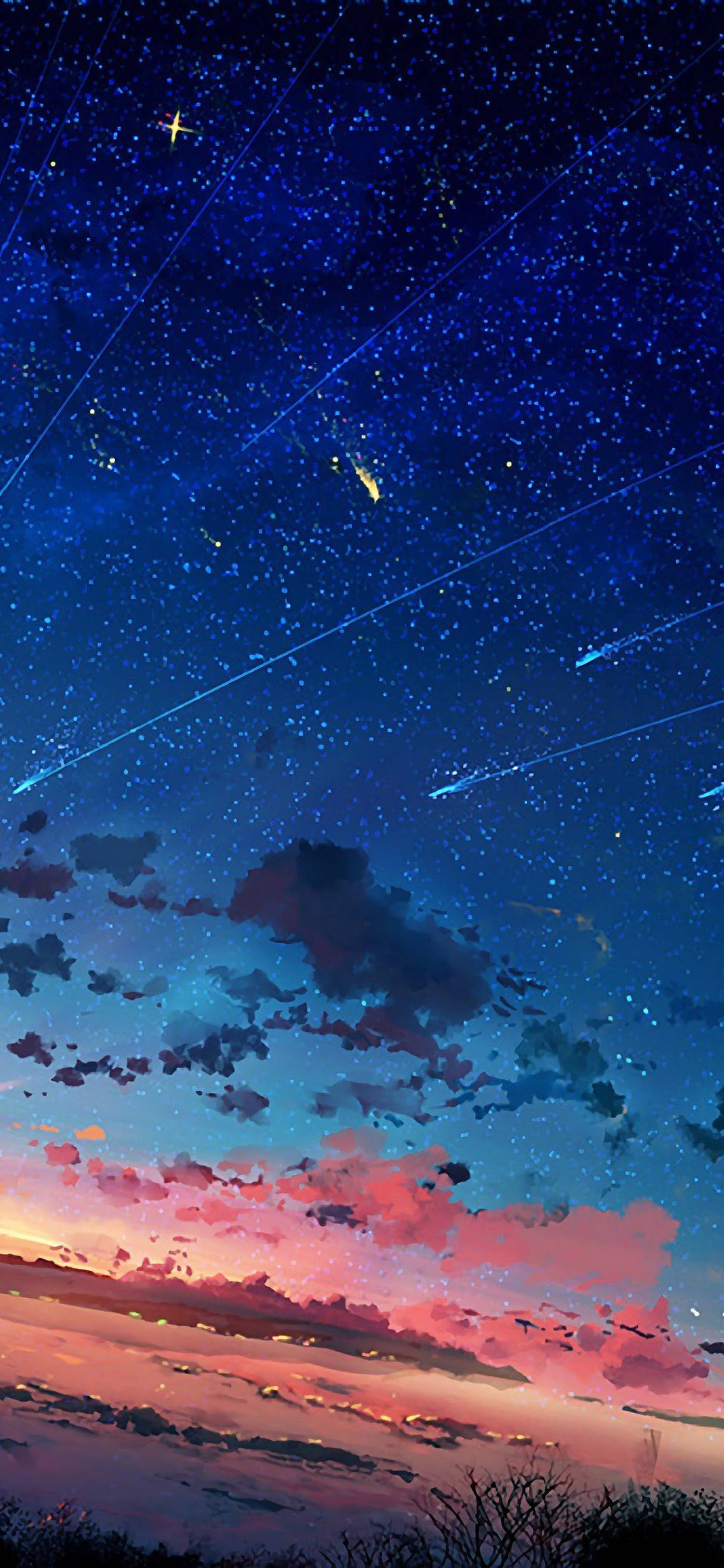 4K Anime iPhone, twilight sky, streaking meteors, 2K Phone Wallpaper
