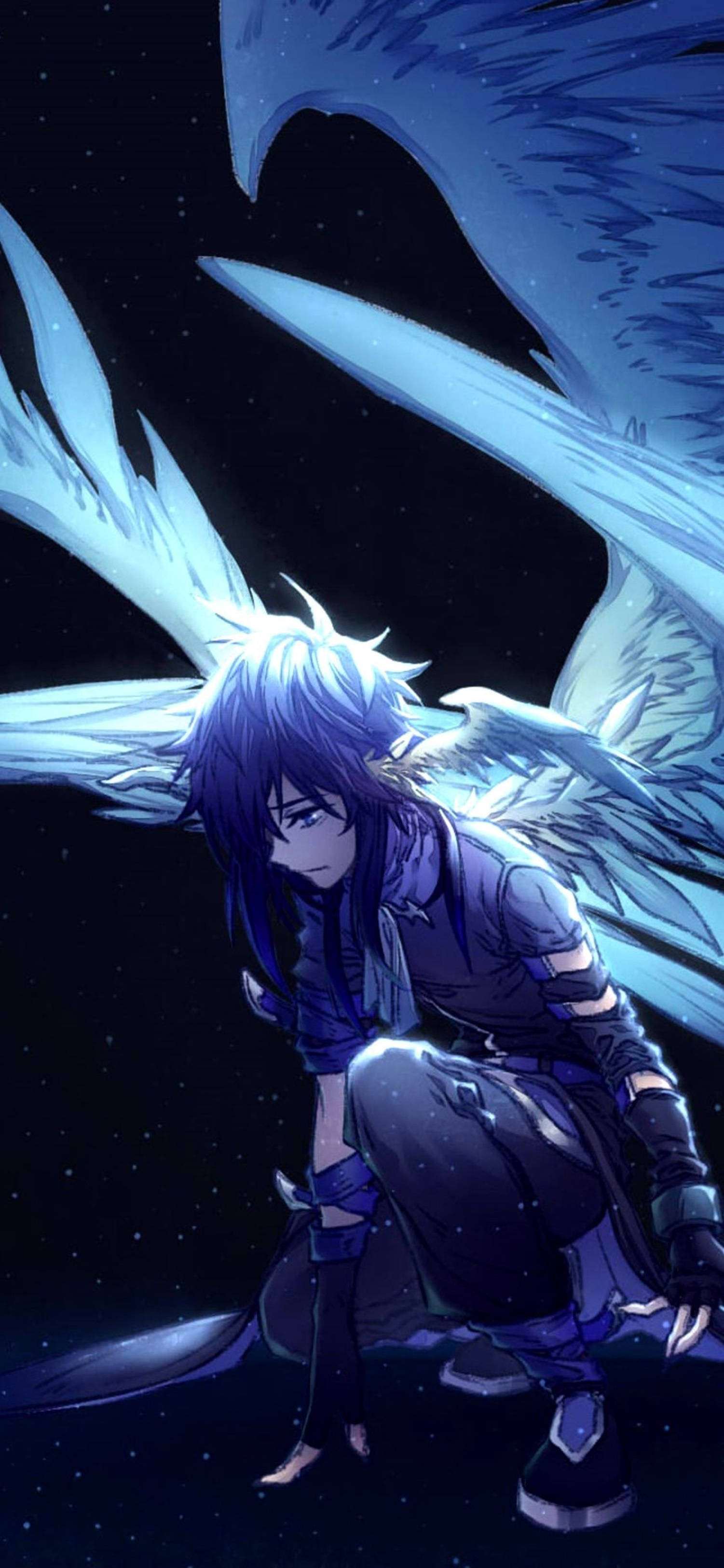 4K Anime iPhone, blue-haired anime angel, starry night, 2K Phone Wallpaper