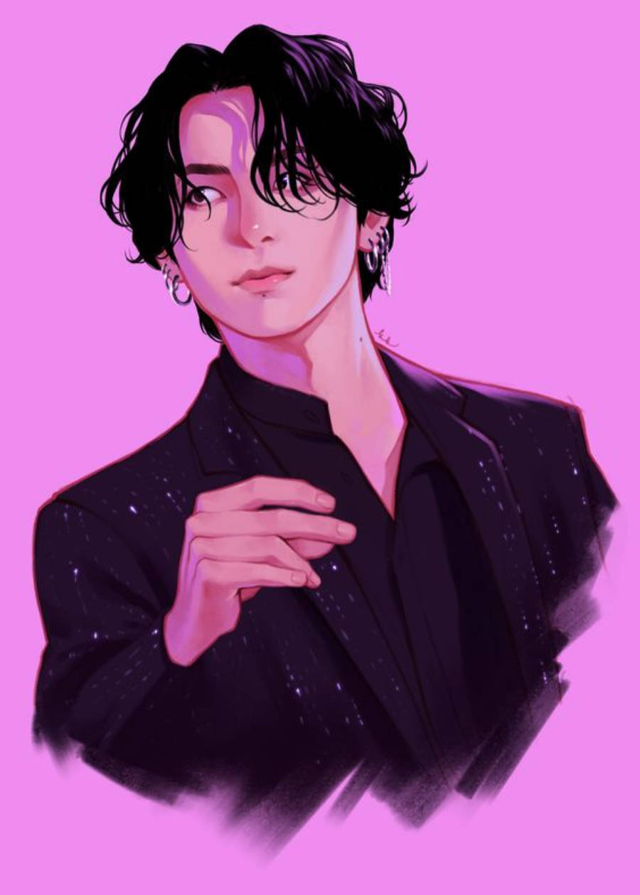 Anime Jungkook, black suit, starry black jacket, SD Phone Wallpaper