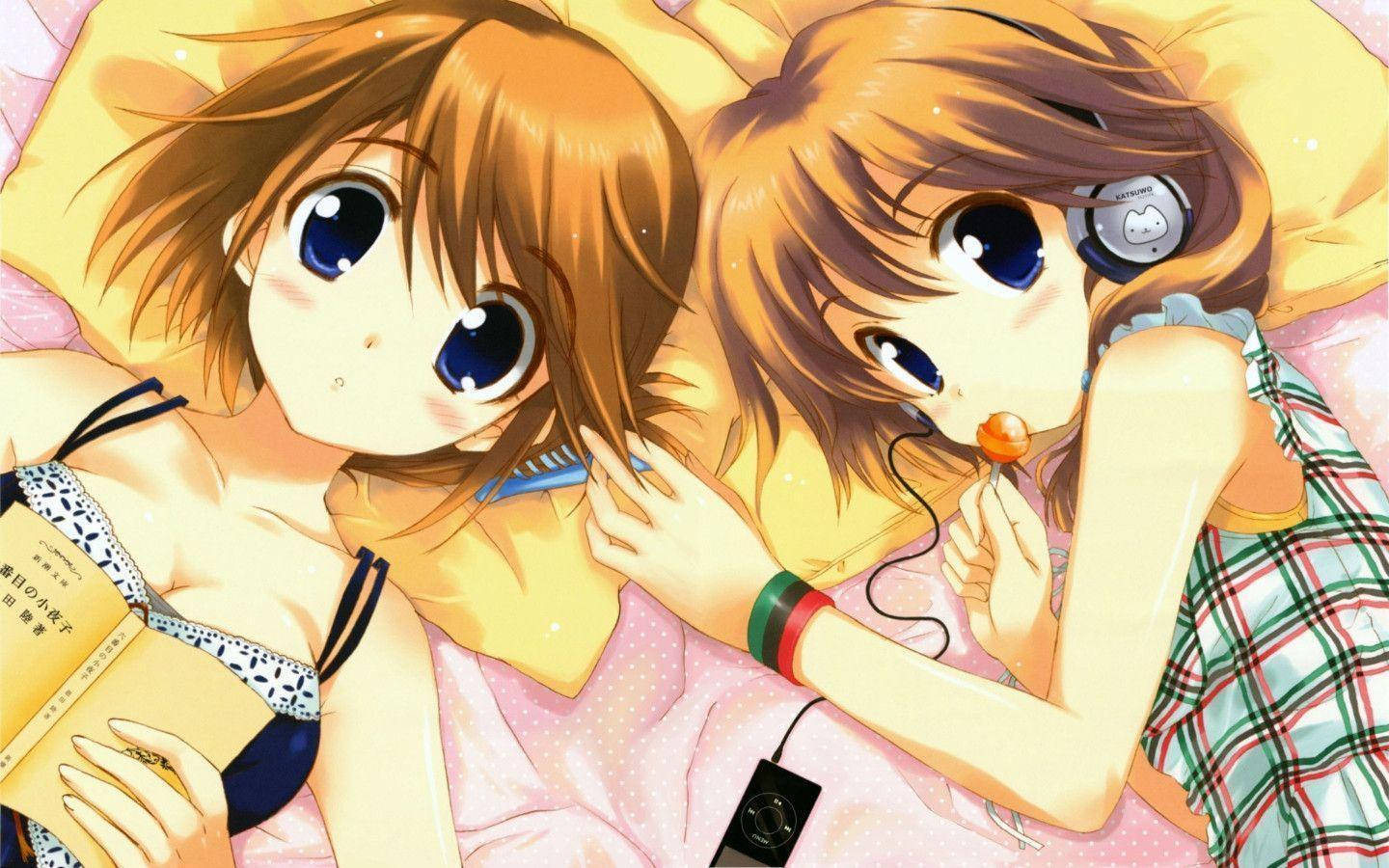anime girls, bed, book, HD Desktop Wallpaper