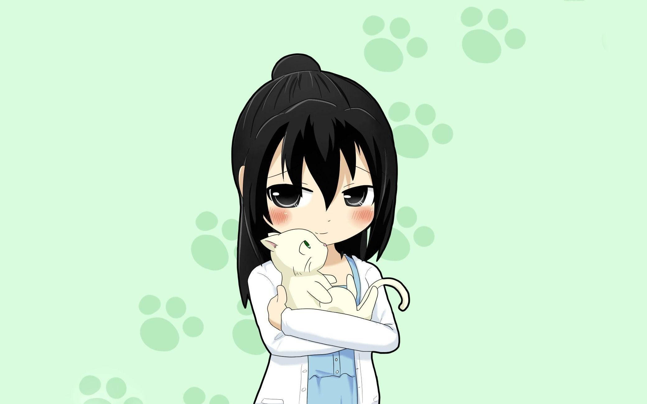 chibi anime girl, white coat, small white cat, Full HD Desktop Wallpaper