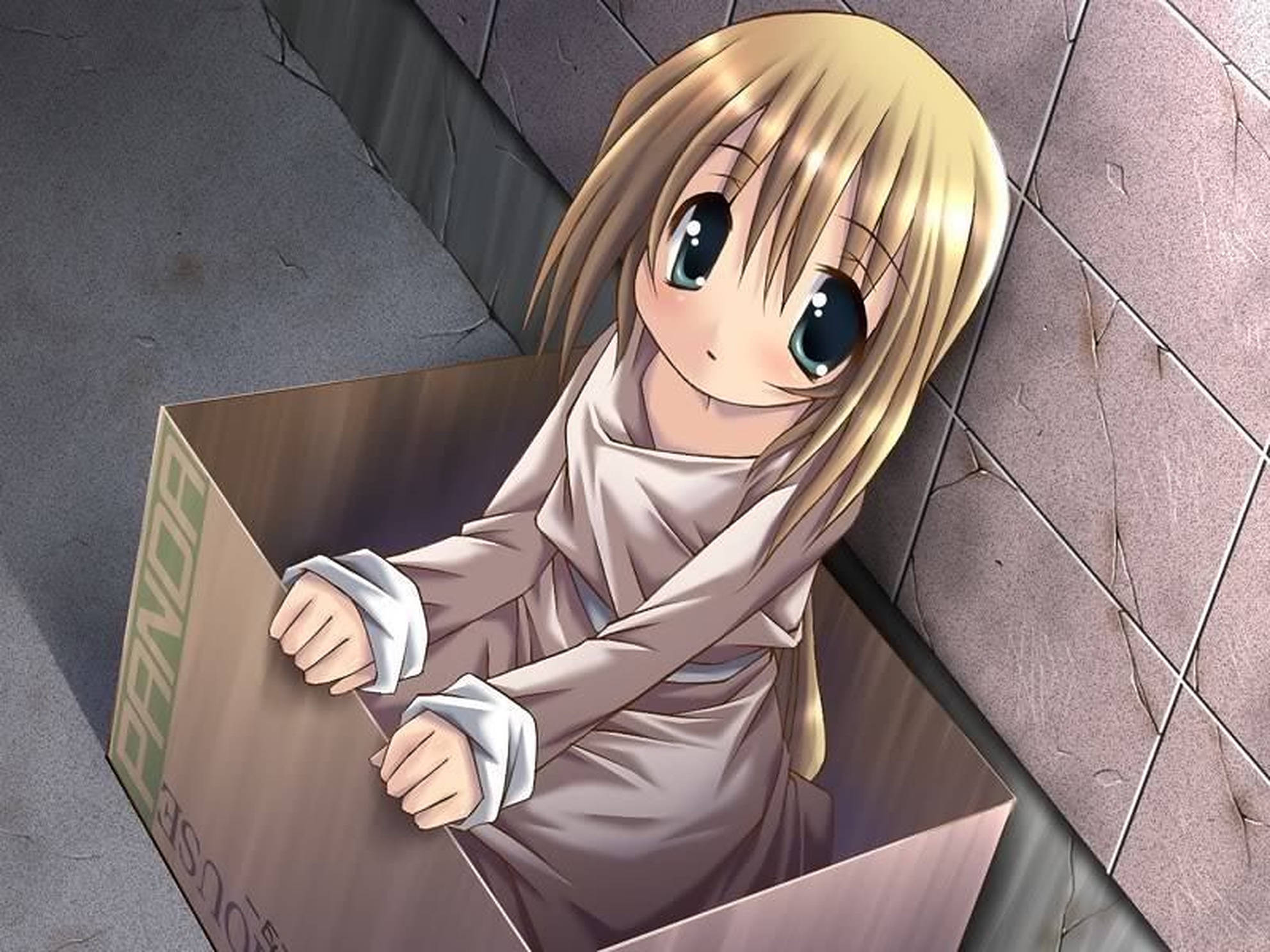 anime kid, cardboard box, tiled wall, Full HD Desktop Wallpaper