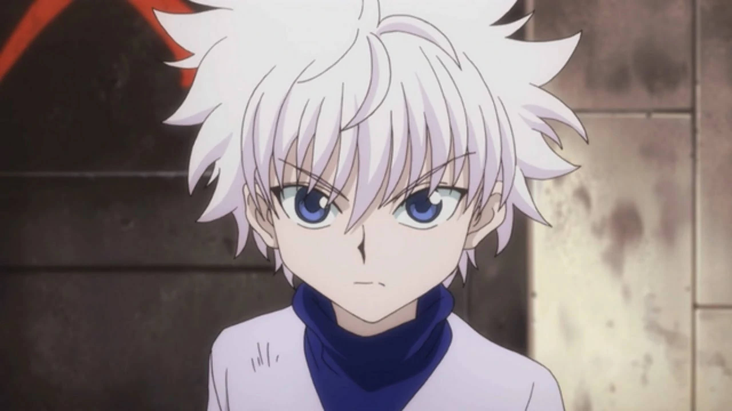 handsome anime kid, spiky white hair, intense blue eyes, 2K Desktop Wallpaper