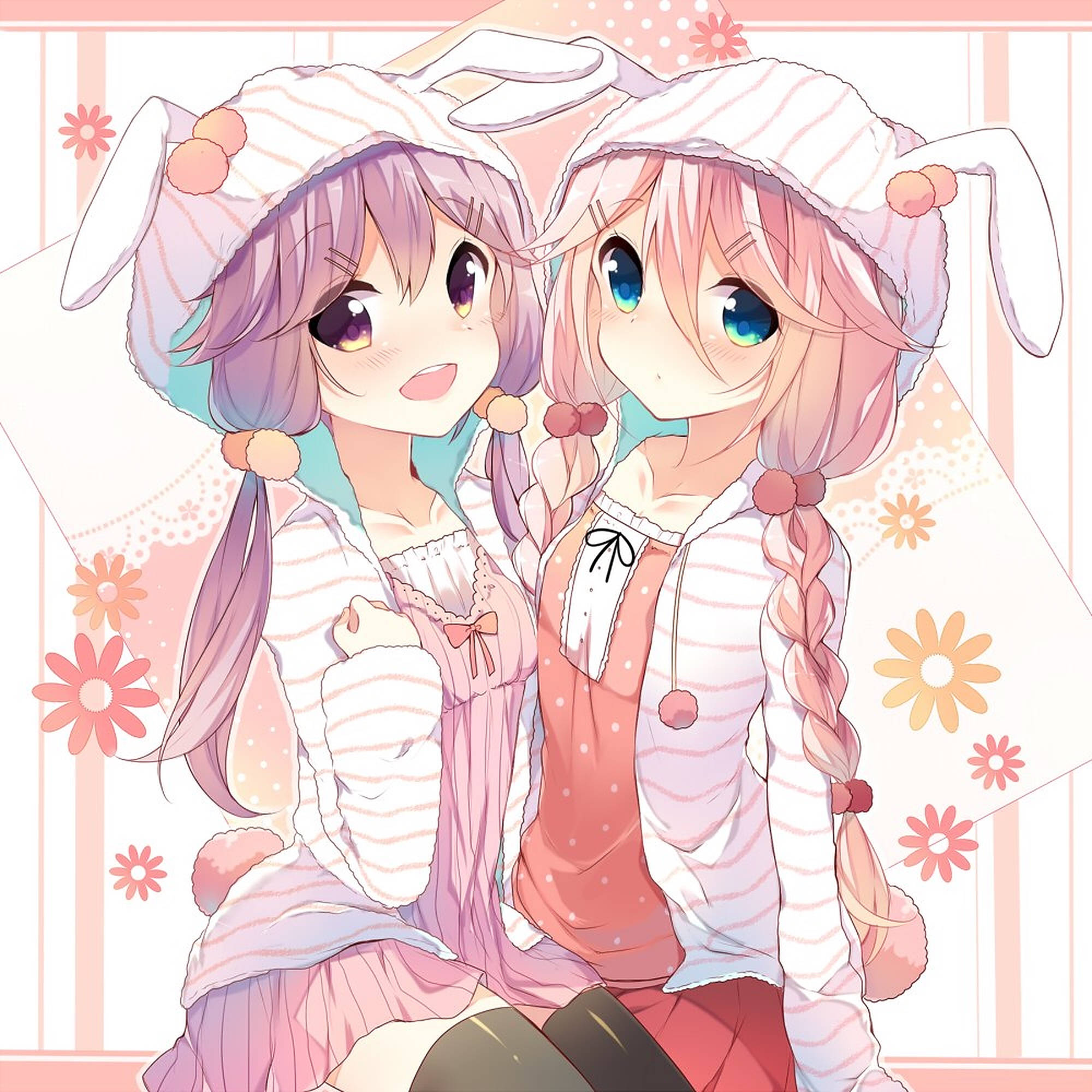 Anime Kids, bunny hats, pastel floral background, Full HD Desktop Wallpaper