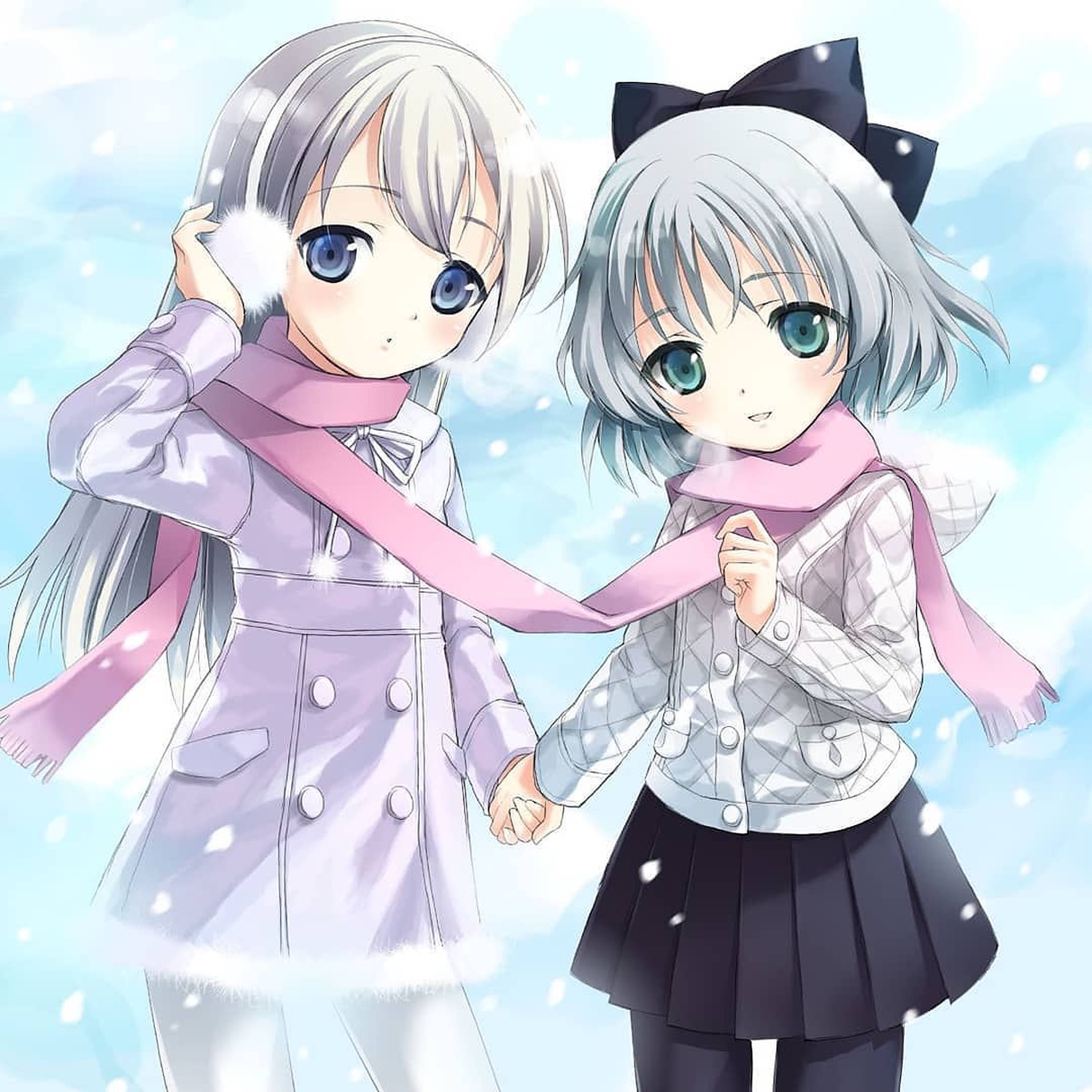 anime kids, silver hair, pink scarves, Full HD Desktop Wallpaper