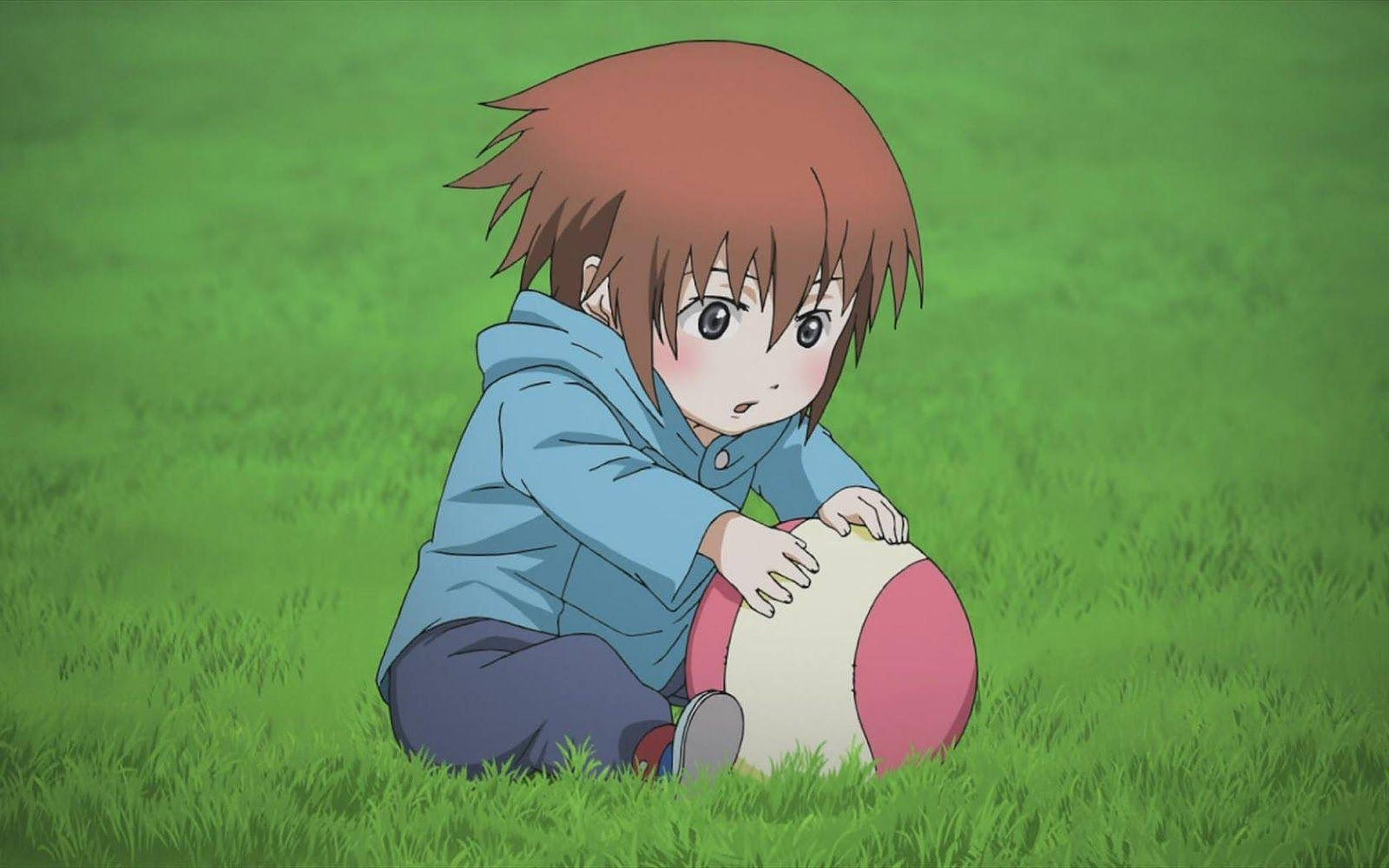 anime kid, brown hair, vibrant green grass, Full HD Desktop Wallpaper