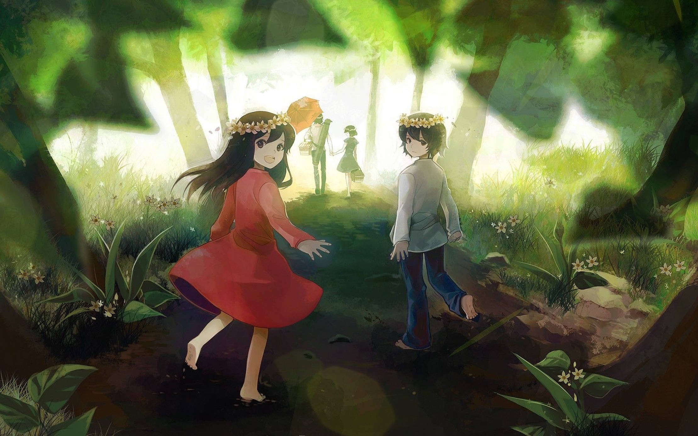Anime Kids, forest, flower crowns, Full HD Desktop Wallpaper