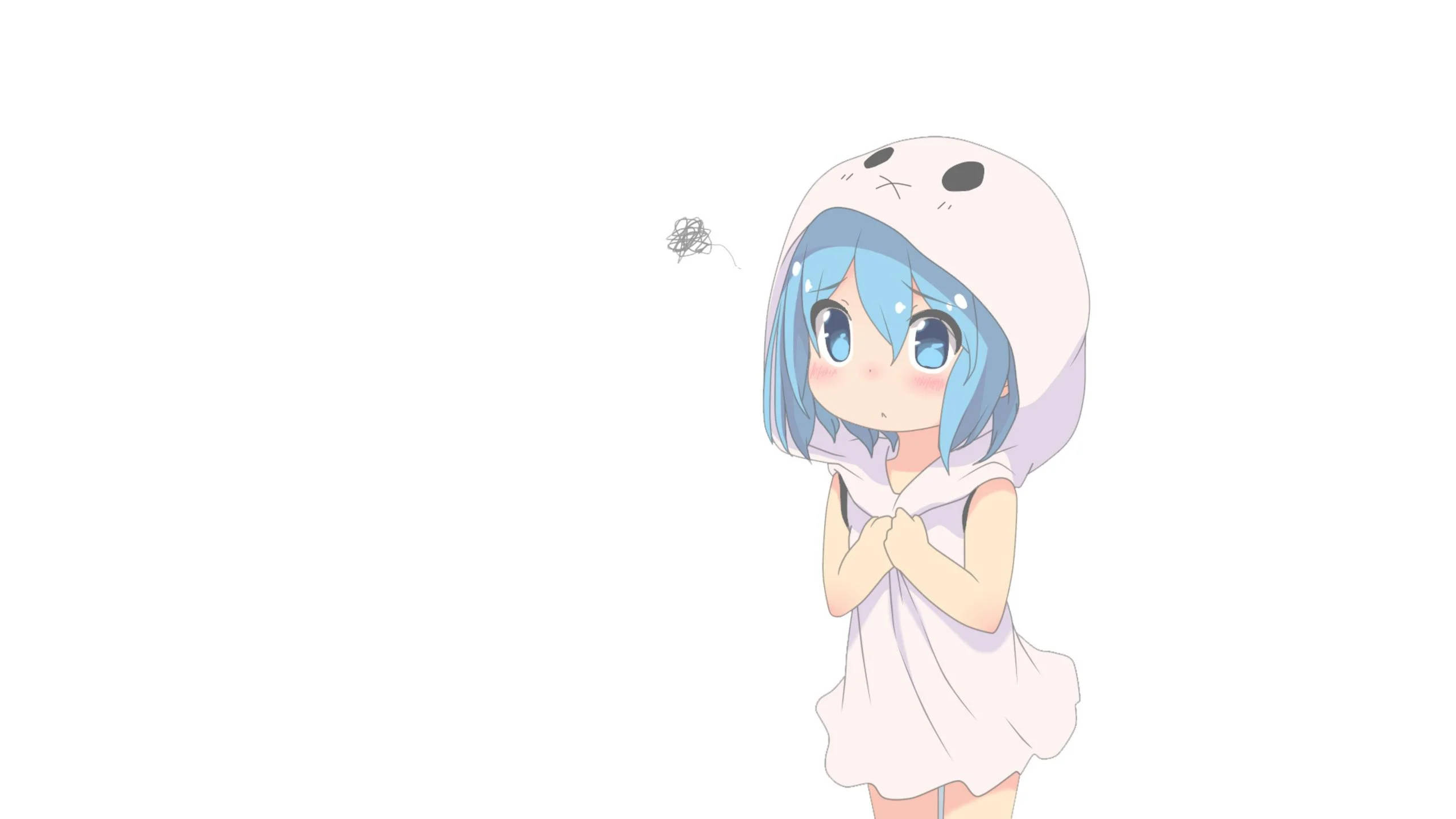 blue-haired anime girl, white hooded outfit, plain white background, 2K Desktop Wallpaper
