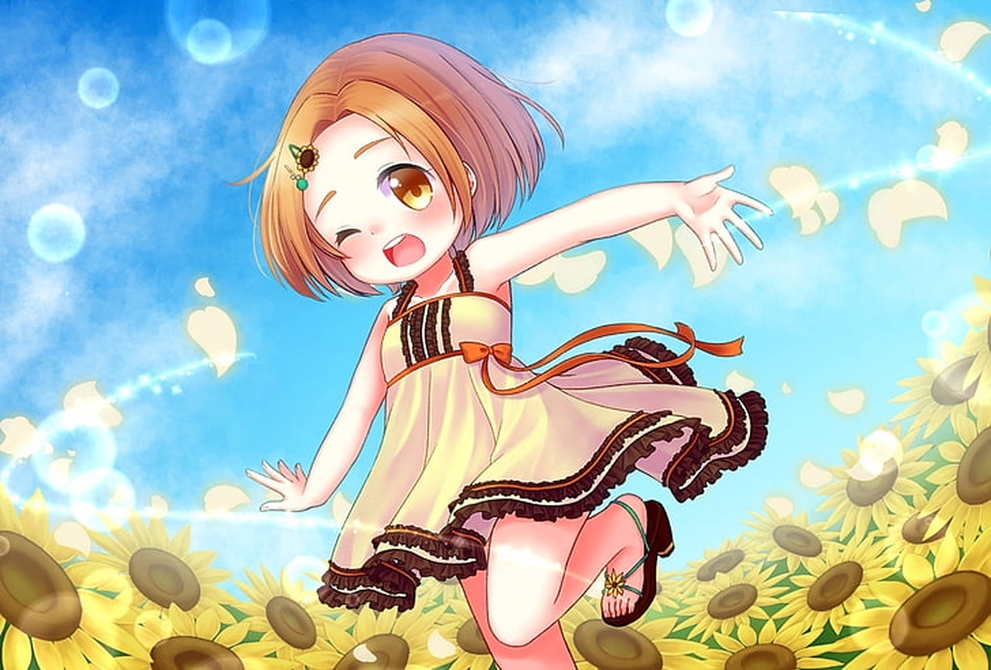 anime girl, yellow dress, sunflowers, Full HD Desktop Wallpaper