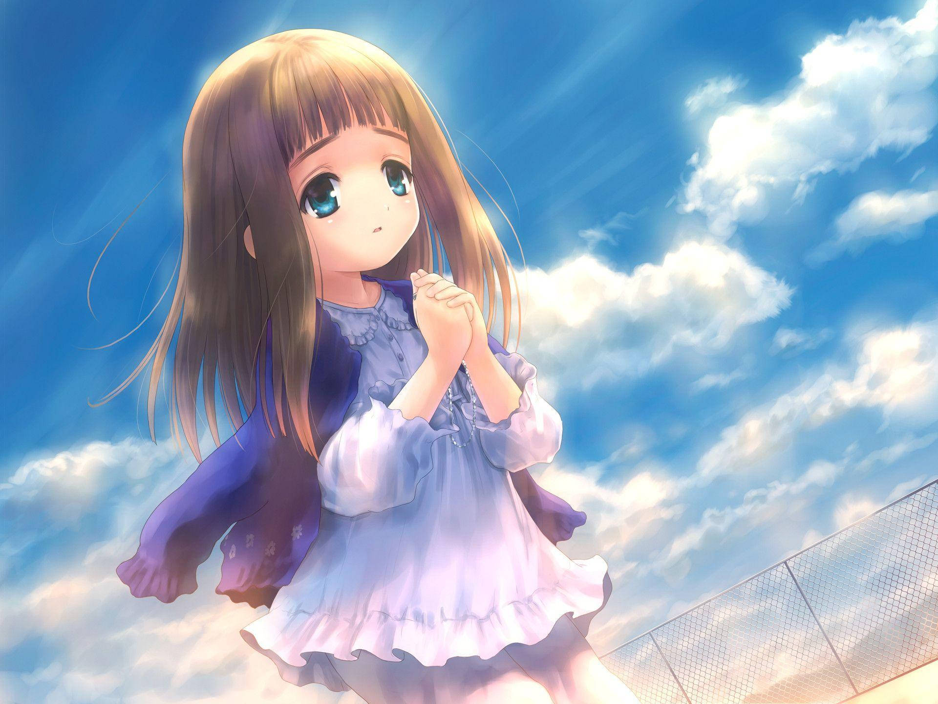 Praying Anime Kid, young anime girl, blue eyes, Full HD Desktop Wallpaper
