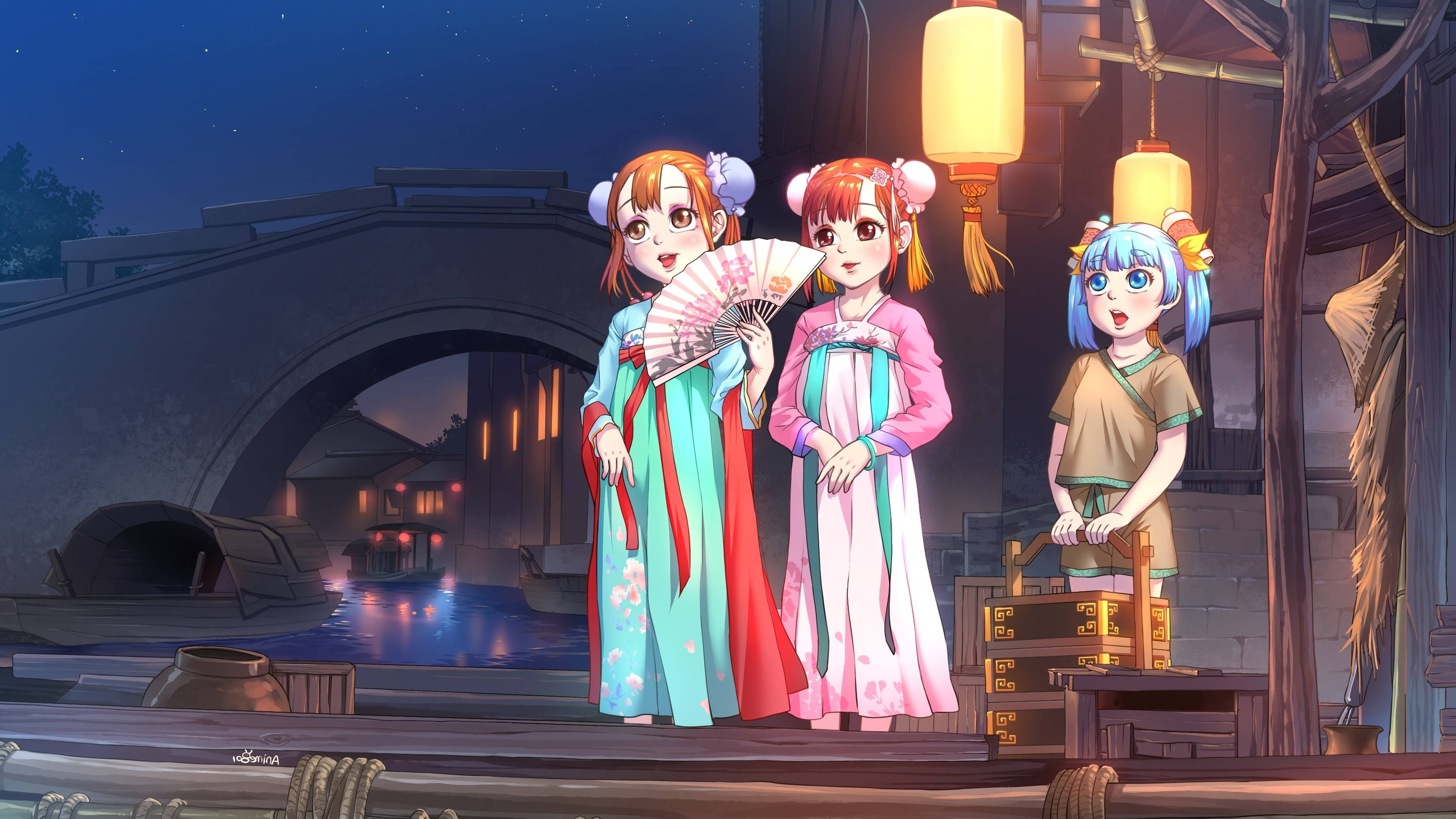 anime kids, kimono, wooden dock, 2K Desktop Wallpaper