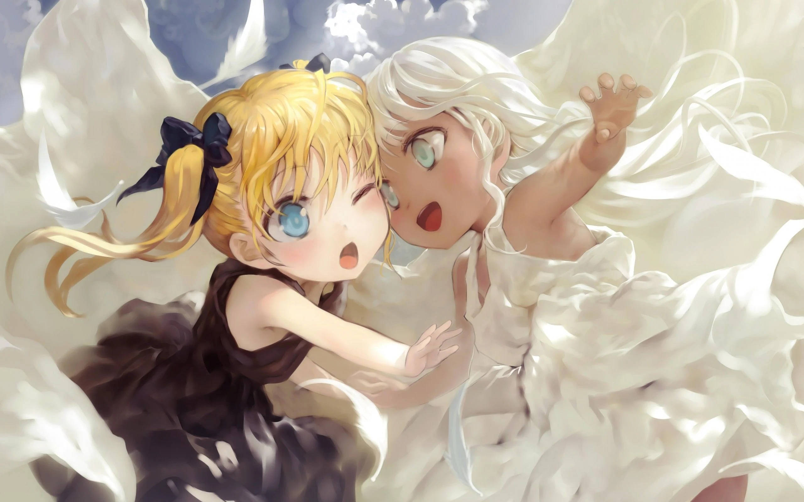 anime kids, angel wings, clouds, 2K Desktop Wallpaper