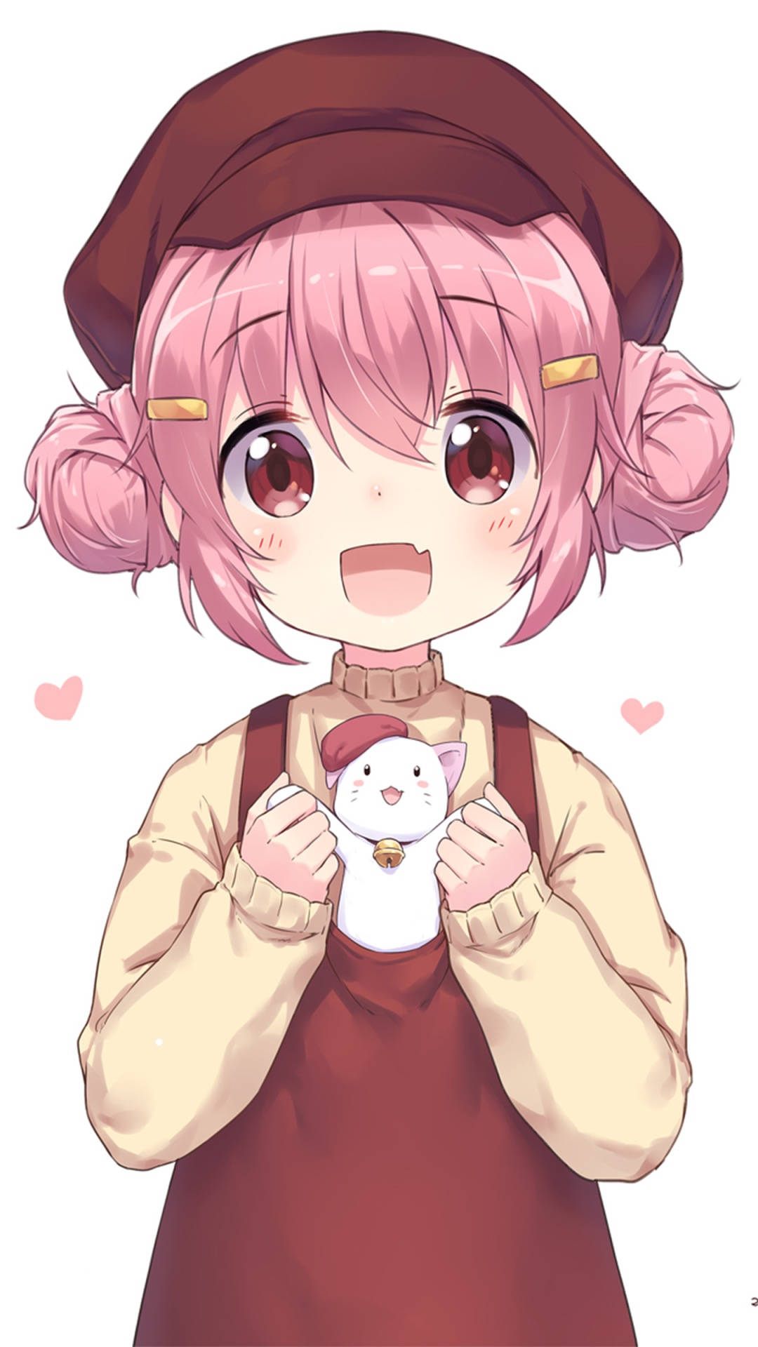 pink hair, beret, tiny white cat plushie, Full HD Phone Wallpaper