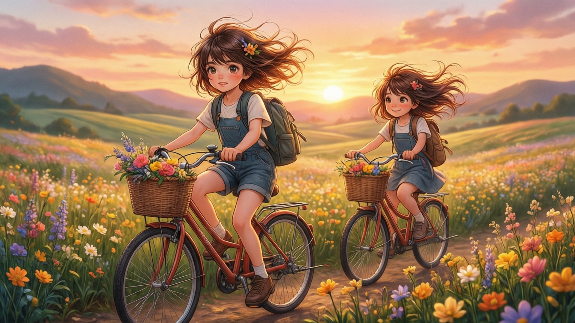 bicycle, sunlit field, colorful wildflowers, Full HD Desktop Wallpaper