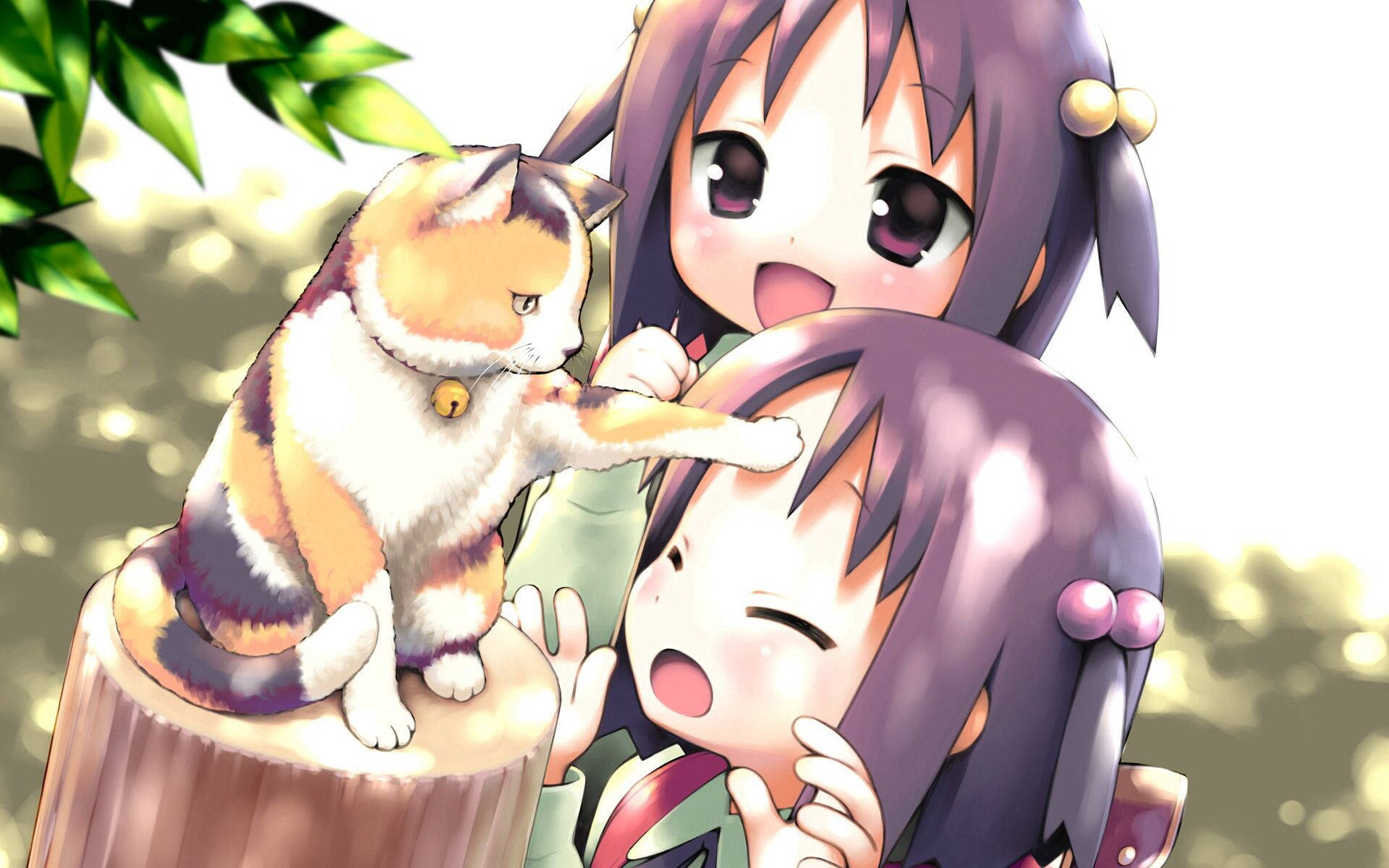 Anime Kids, calico cat, tree stump, Full HD Desktop Wallpaper