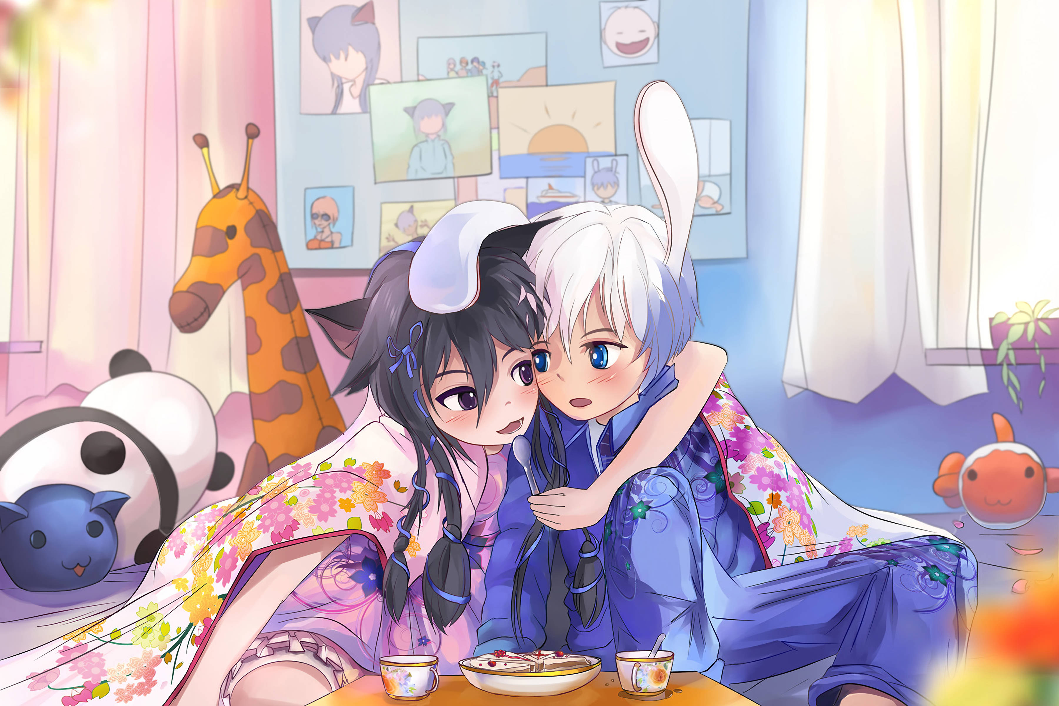 animated playmates, floral yukatas, sunlit room, 2K Desktop Wallpaper