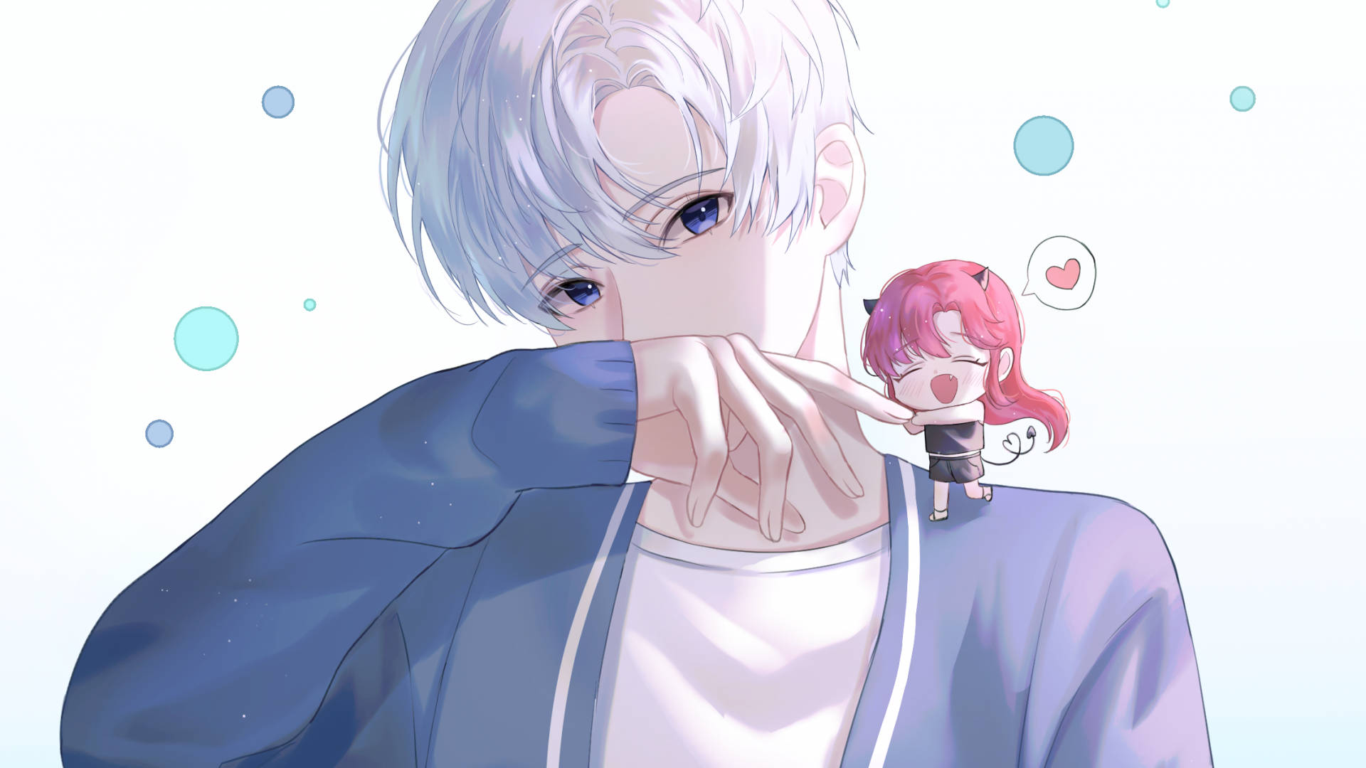 silver-haired anime boy, tiny pink-haired girl, heart above her head, Full HD Desktop Wallpaper