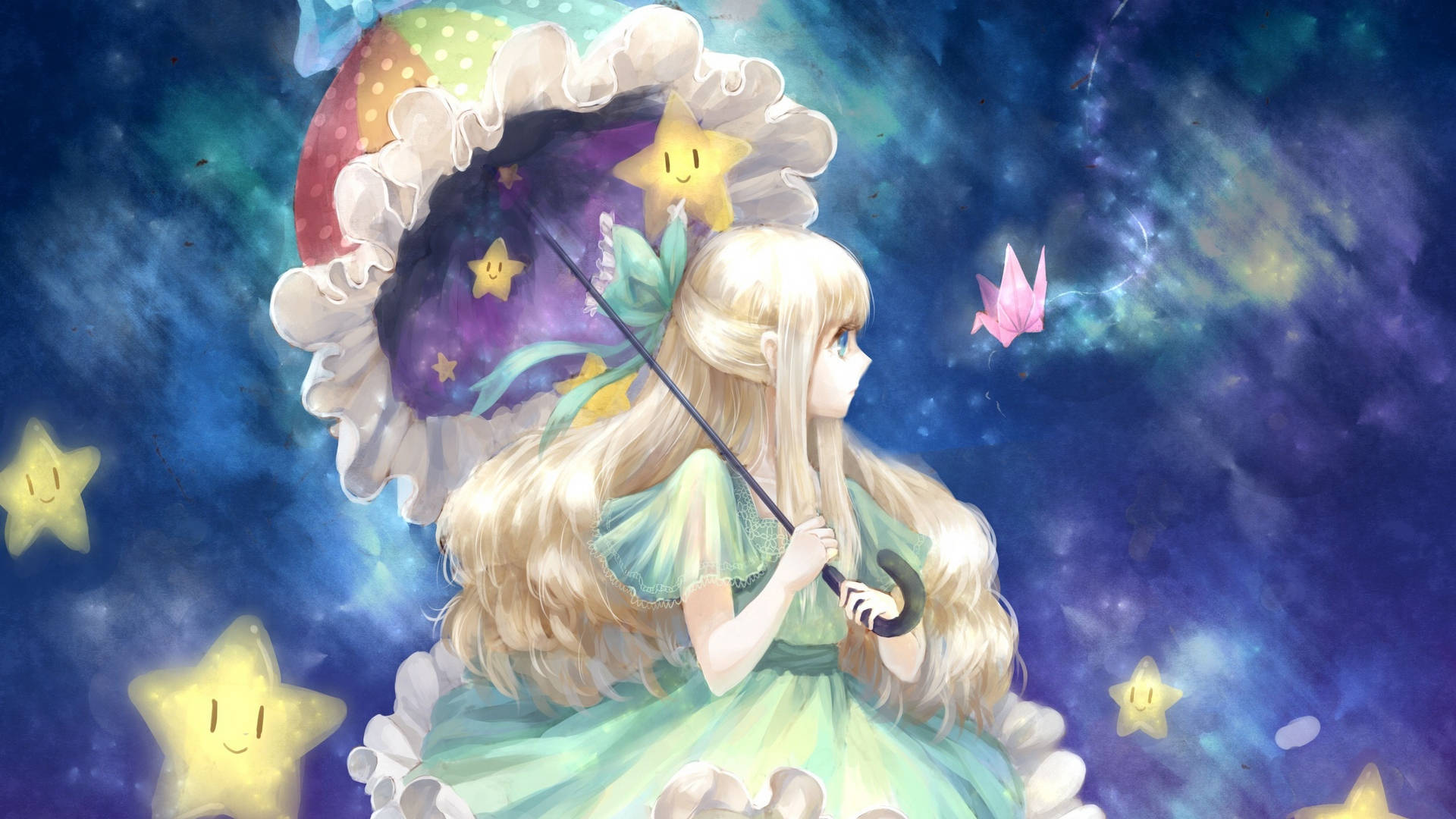 blonde anime girl, green dress, starry umbrella, Full HD Desktop Wallpaper