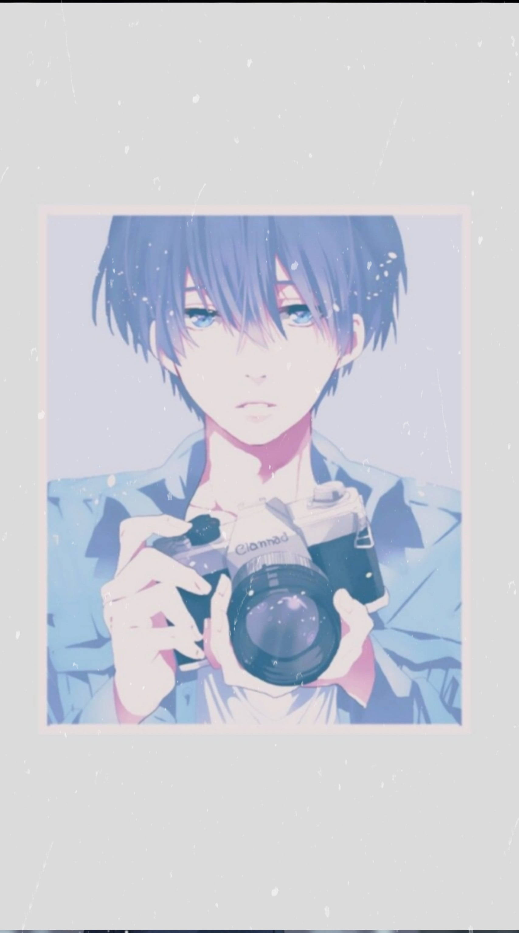 anime boy, blue hair, camera, 2K Phone Wallpaper