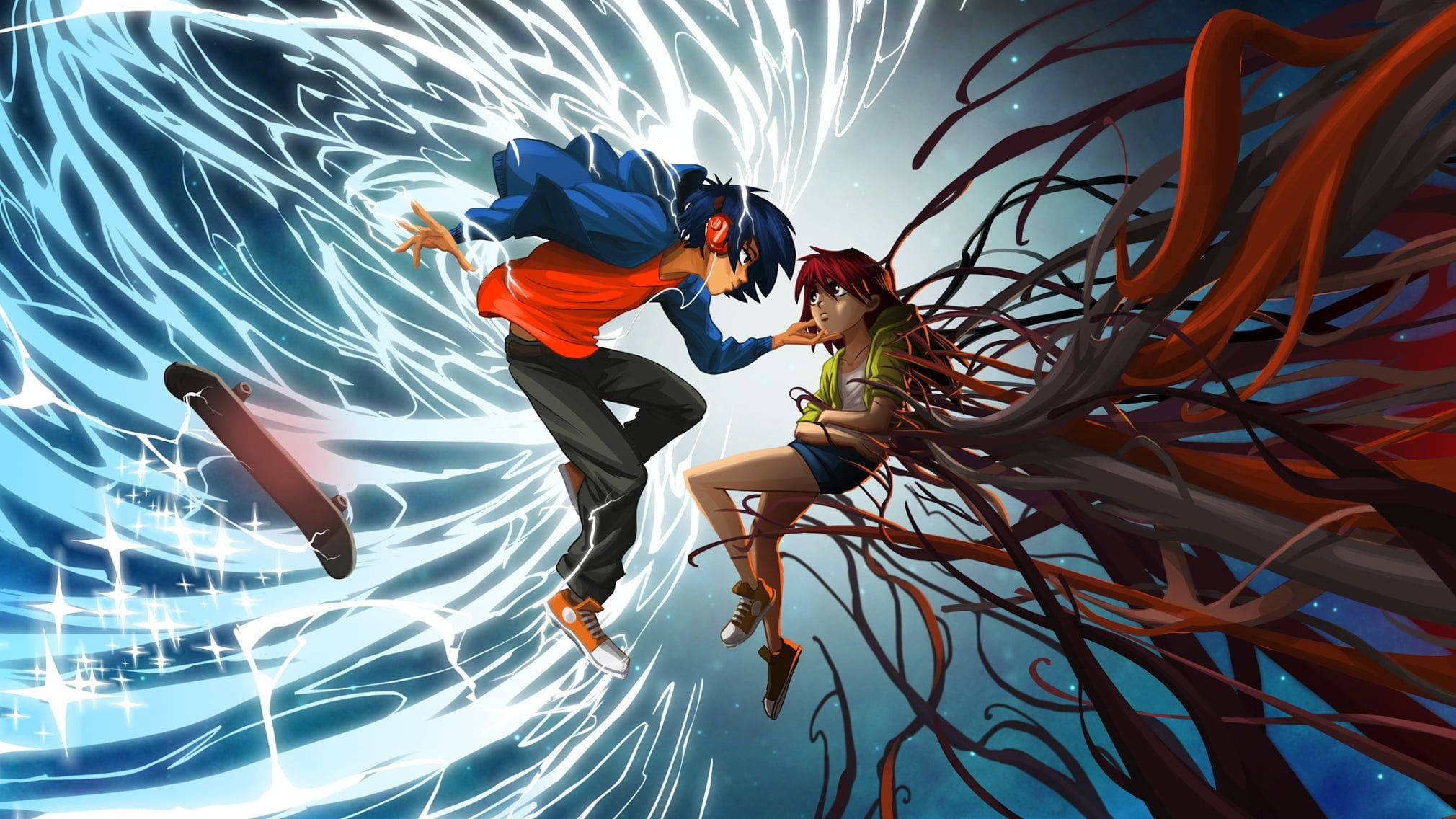 anime boy, trapped girl, cosmic swirl, Full HD Desktop Wallpaper